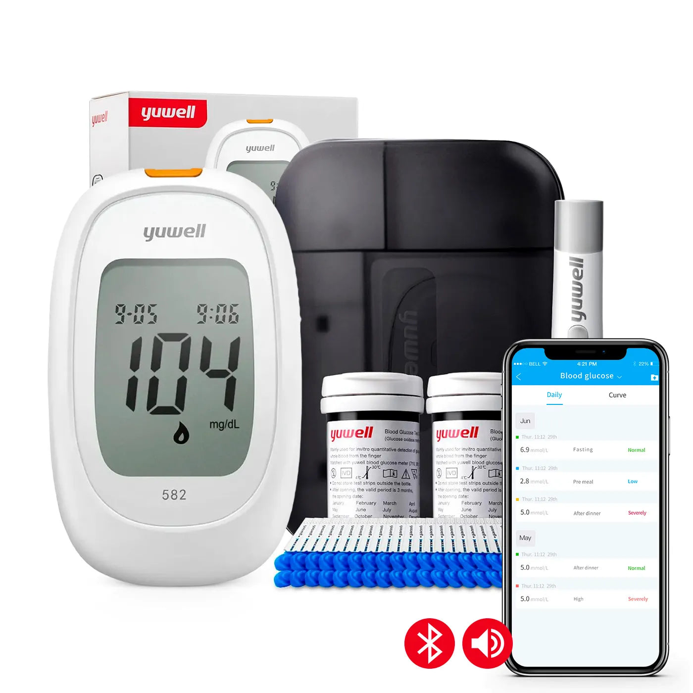 Glucómetro Yuwell 582 Smart + Voz Guiada + Bluetooth + 50 Cintas 50 Lancetas