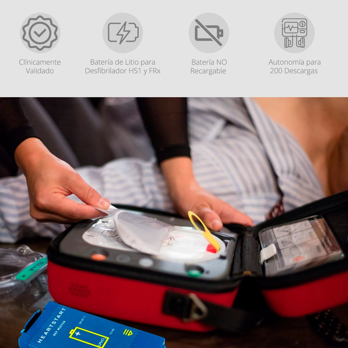 Solución de energía confiable para desfibriladores Philips, Autonomía de 200 descargas, Cumple con normas de seguridad