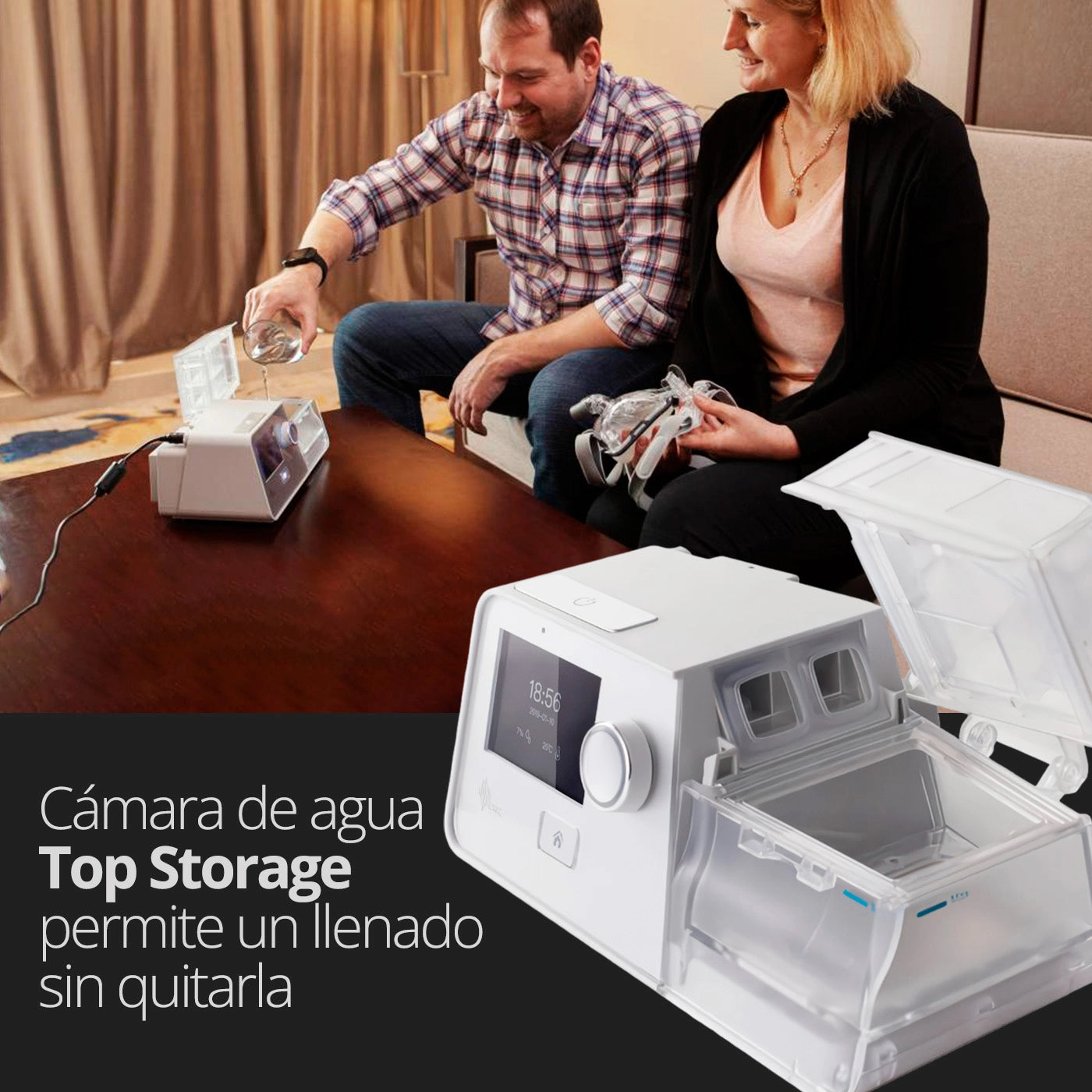 Cámara de agua del BiPAP G3 B30VT con capacidad de 360 ml y fácil llenado.