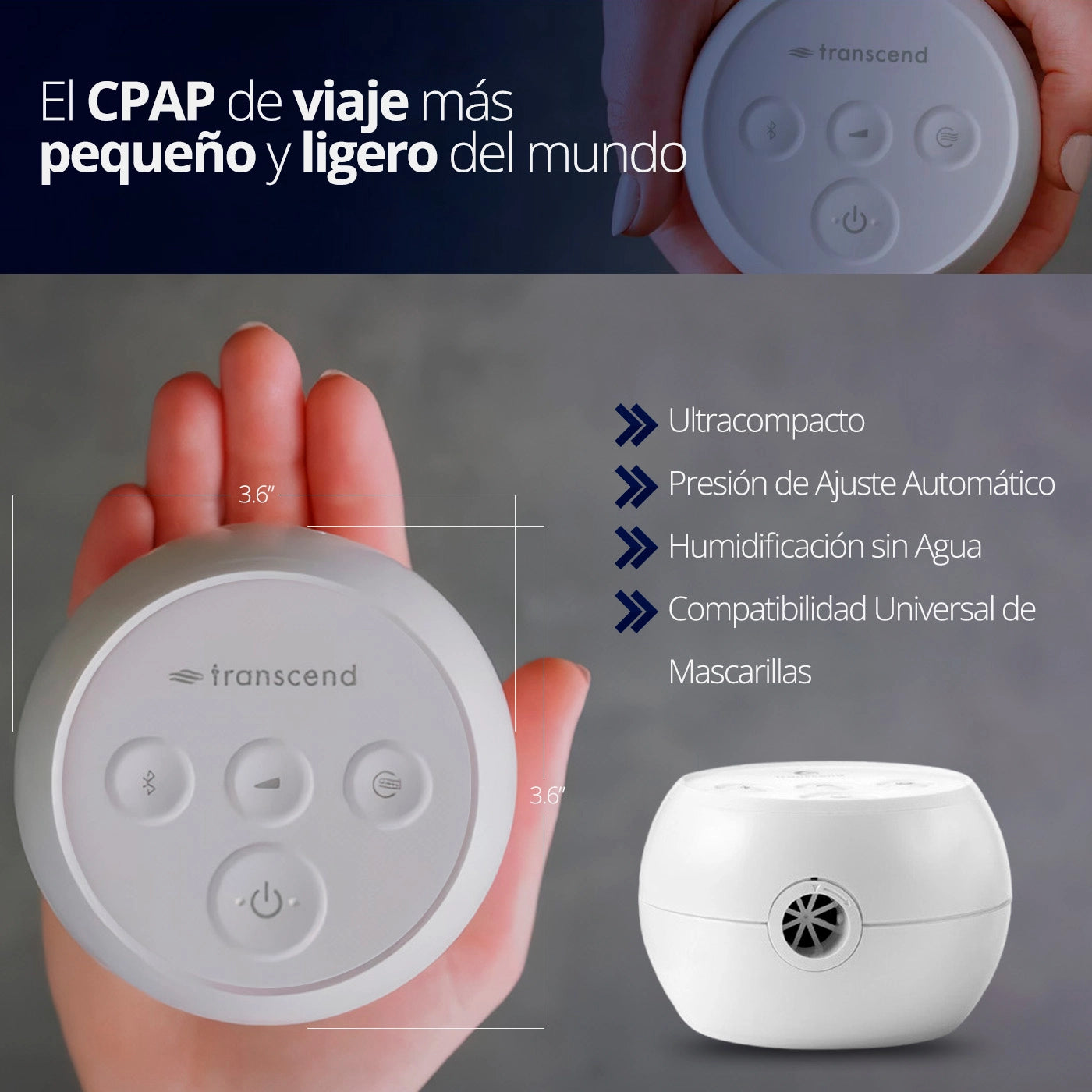 Transcend Micro Auto CPAP con adaptador de corriente CA y batería PowerAway