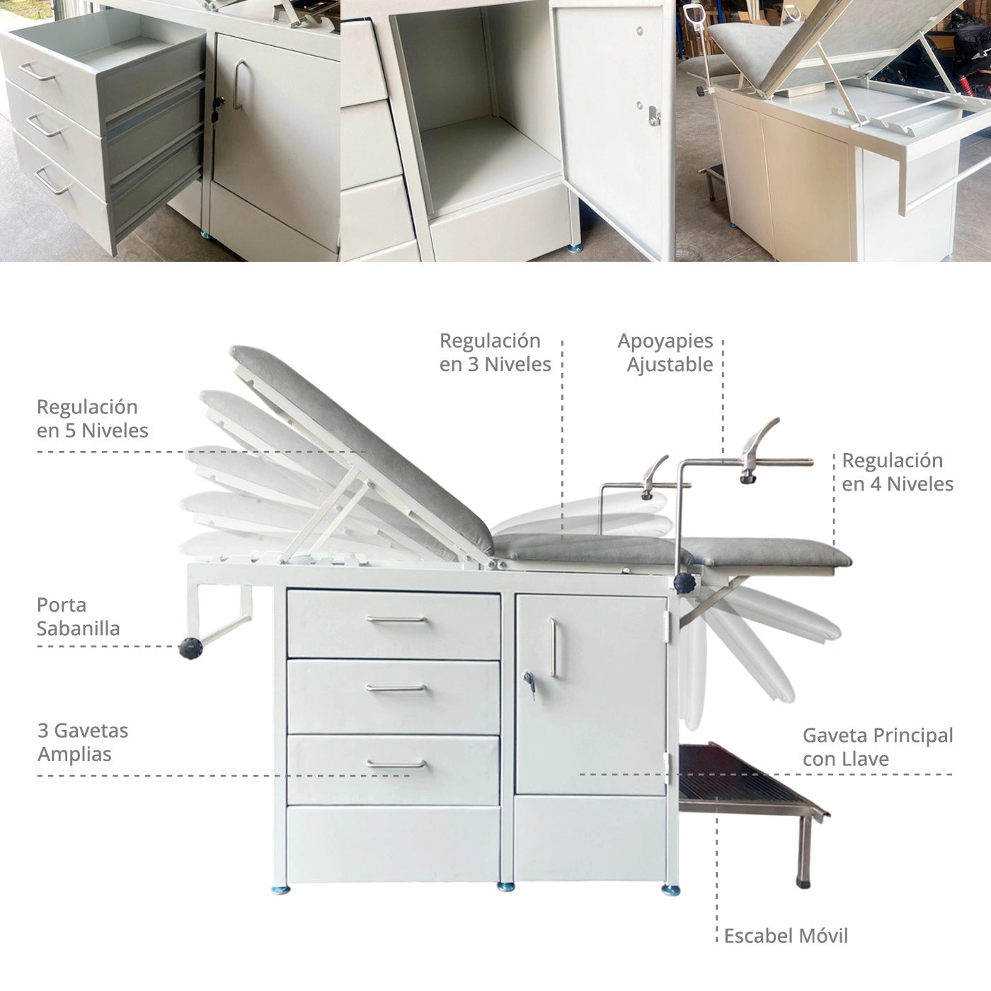 Camilla ginecológica de alta calidad para consultas médicas. Ofrece confort y practicidad con múltiples compartimientos de almacenamiento y diseño ajustable.
