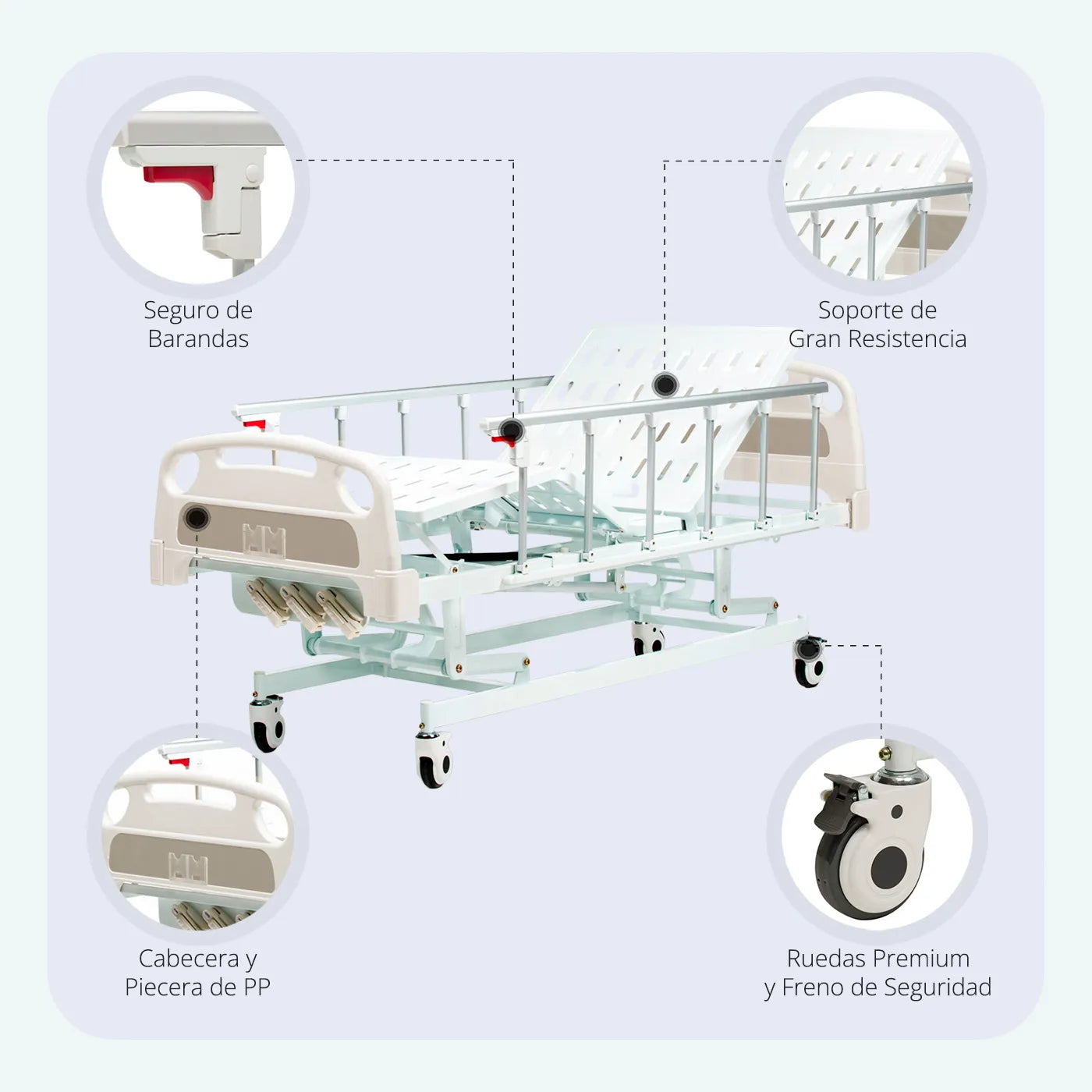 Catre Clínico Manual 3 Funciones con Colchón Clínico y Antiescara - TOPMEDIC