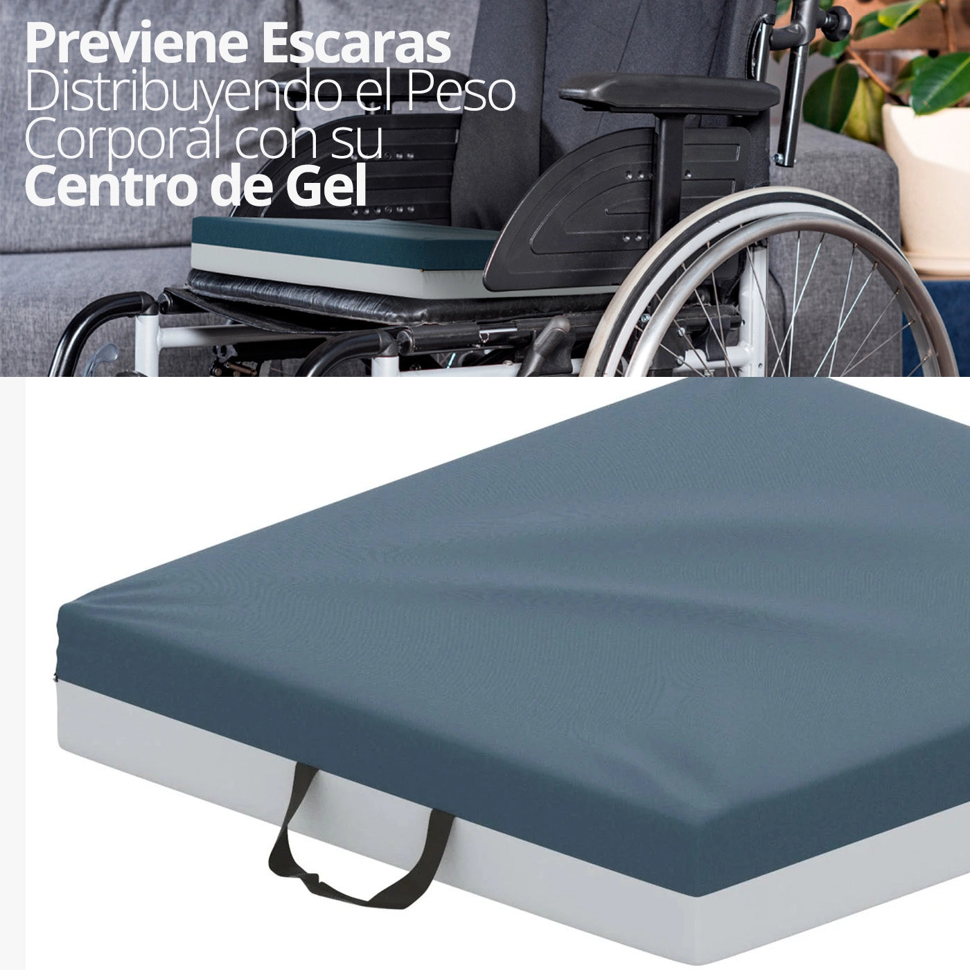 Imagen del cojín Theramed TM360 colocado en una silla, mostrando su diseño ergonómico y gel refrescante.
