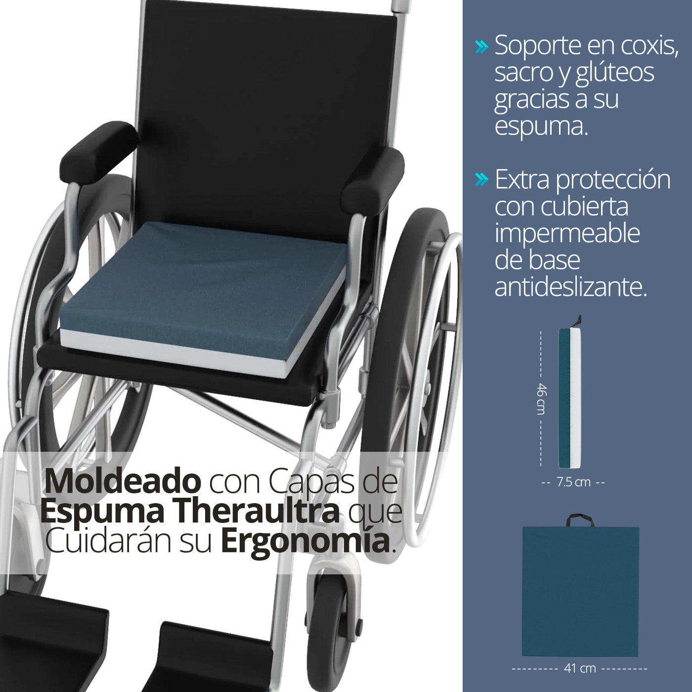 Detalle del material viscoelástico del cojín Theramed TM360, resaltando su alta densidad y soporte postural.