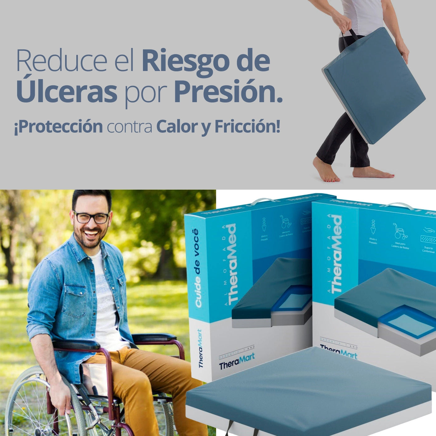 Usuario sentado en el cojín Theramed TM360, mostrando su efectividad para aliviar puntos de presión y mejorar la postura.