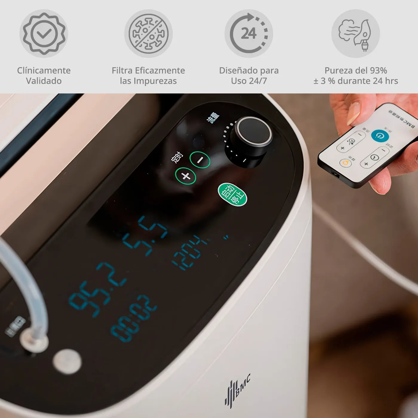 oncentrador de oxígeno médico BMC: Diseño compacto y ligero, ideal para uso en el hogar. Ofrece una alta concentración de oxígeno puro, con filtro HEPA y antibacteriano.