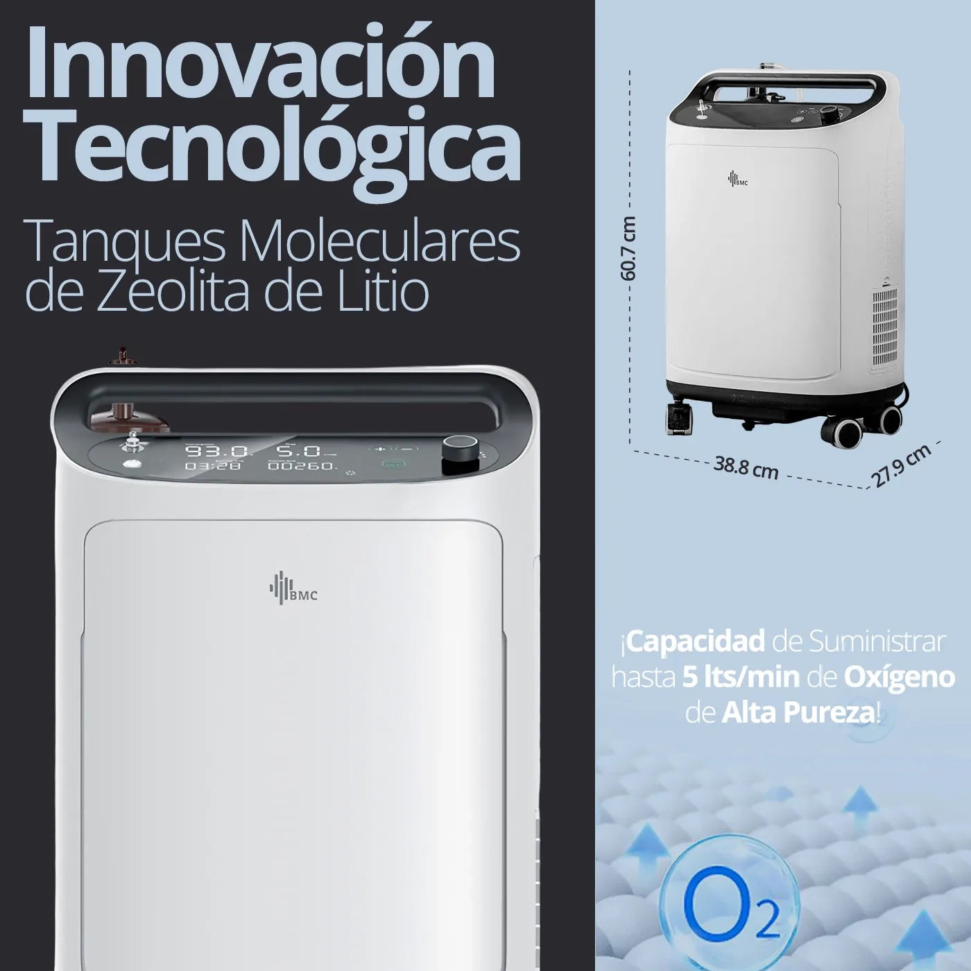 Concentrador de oxígeno para pacientes: Equipo médico de alta calidad para terapia de oxígeno en casa. Flujo continuo y ajustable, con tecnología de zeolita para una mayor pureza.