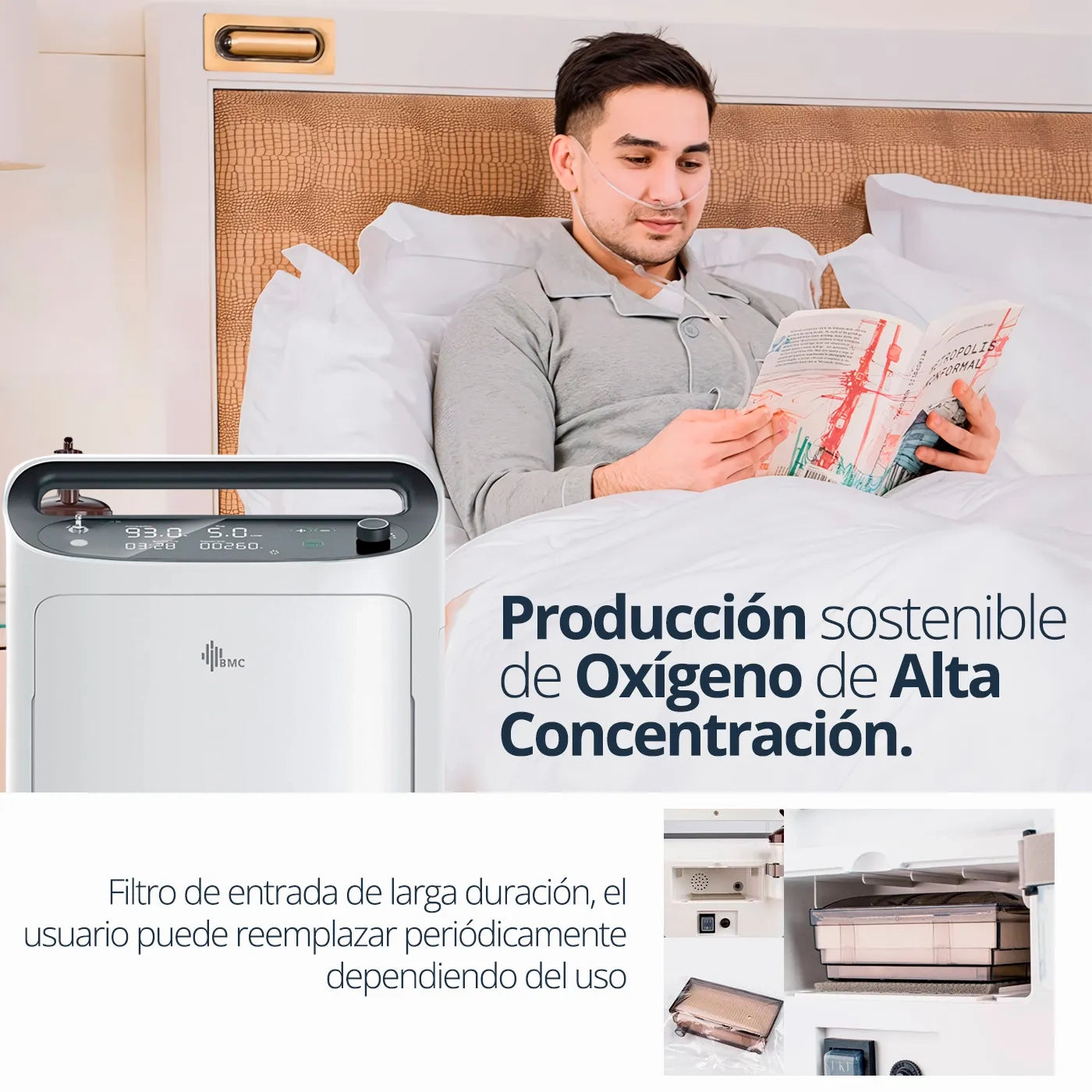 Concentrador de oxígeno portátil BMC: Equipo médico portátil y fácil de usar, ideal para personas con problemas respiratorios. Ofrece una alta concentración de oxígeno y bajo nivel de ruido.