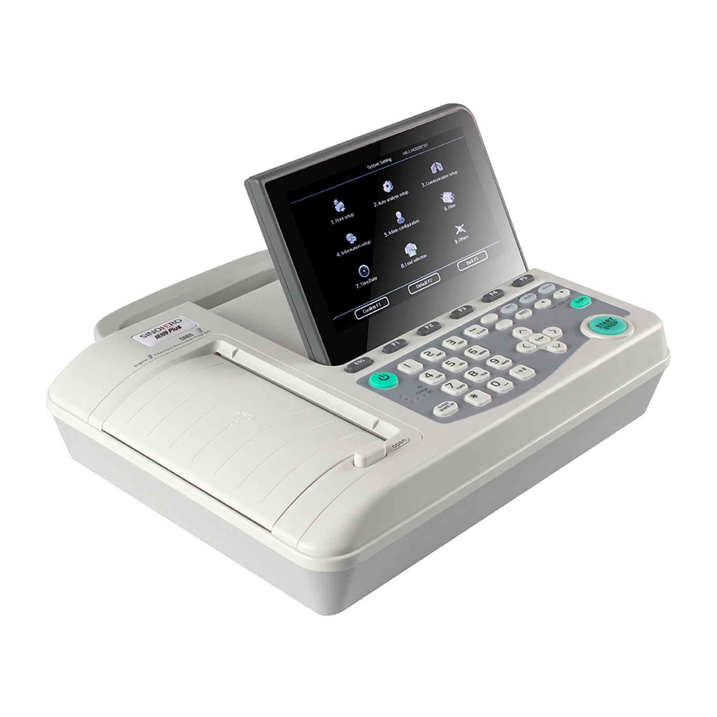Electrocardiógrafo Sinohero SE509 Plus mostrando la interfaz de usuario en modo de medición automática y manual.