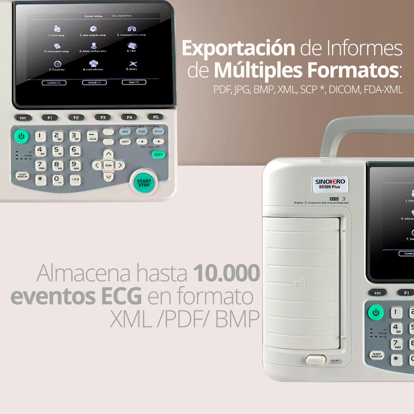 Vista lateral del ECG Sinohero SE509 Plus destacando el diseño compacto y portátil.