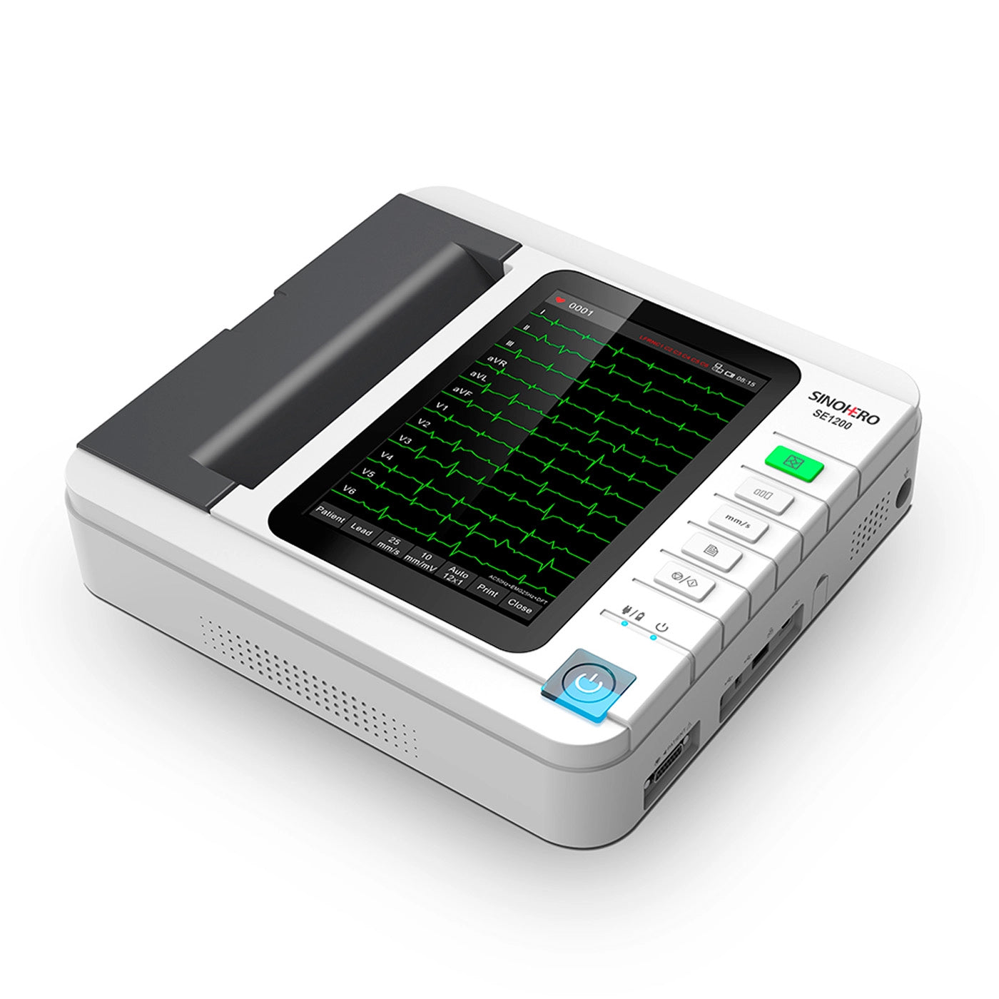 Pantalla de alta definición del electrocardiógrafo SE1200 mostrando formas de onda ECG