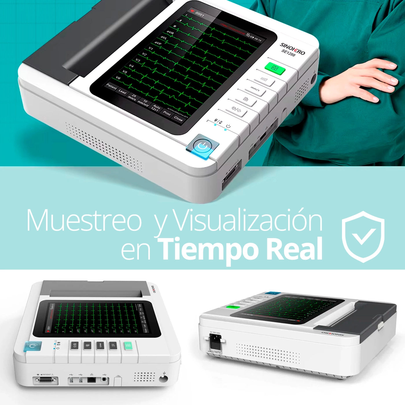 Vista frontal del electrocardiógrafo SE1200 mostrando pantalla a color y sistema de impresión
