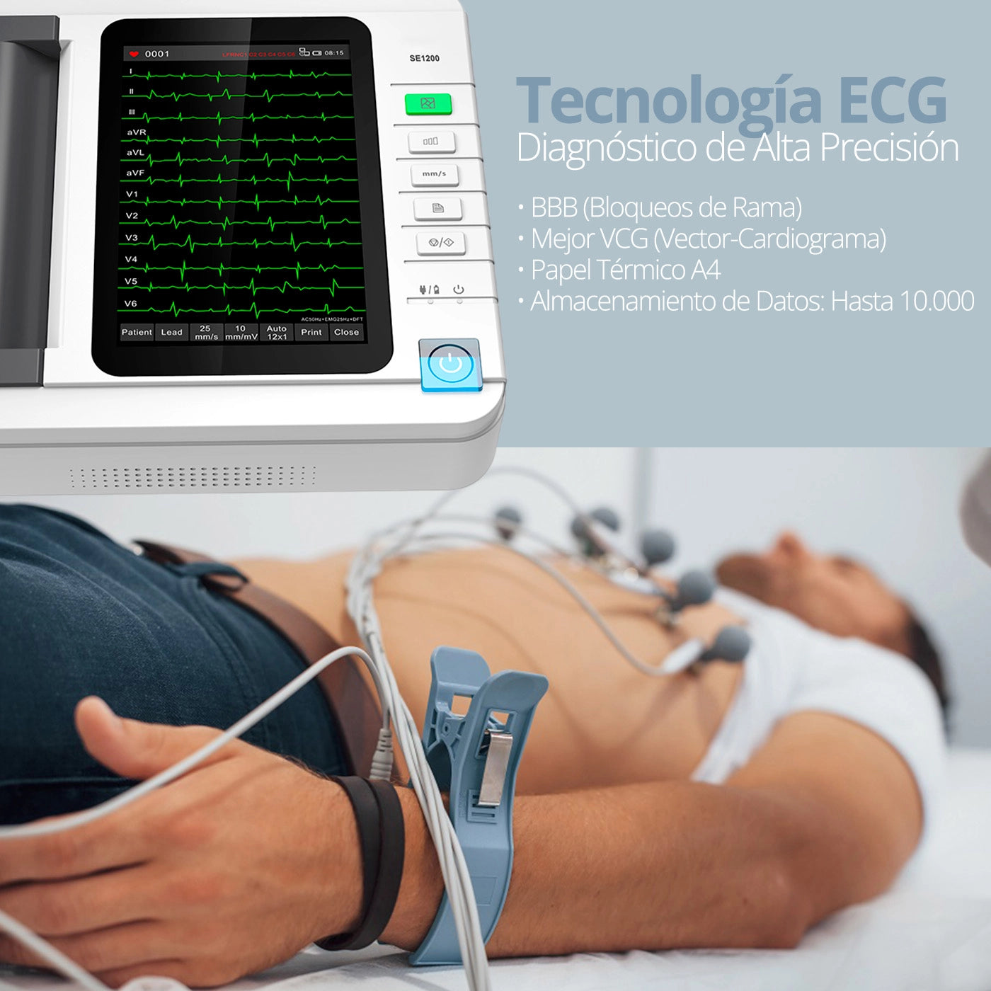 Conexión de cables y electrodos del electrocardiógrafo SE1200 en una configuración de paciente