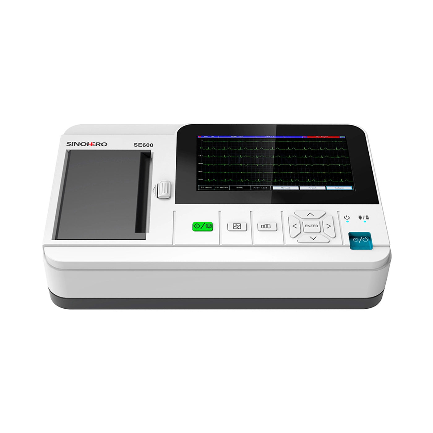 Electrocardiógrafo Sinohero ECG600G en uso - Sistema médico preciso con pantalla táctil y capacidades avanzadas para diagnósticos automáticos en hospitales y clínicas.