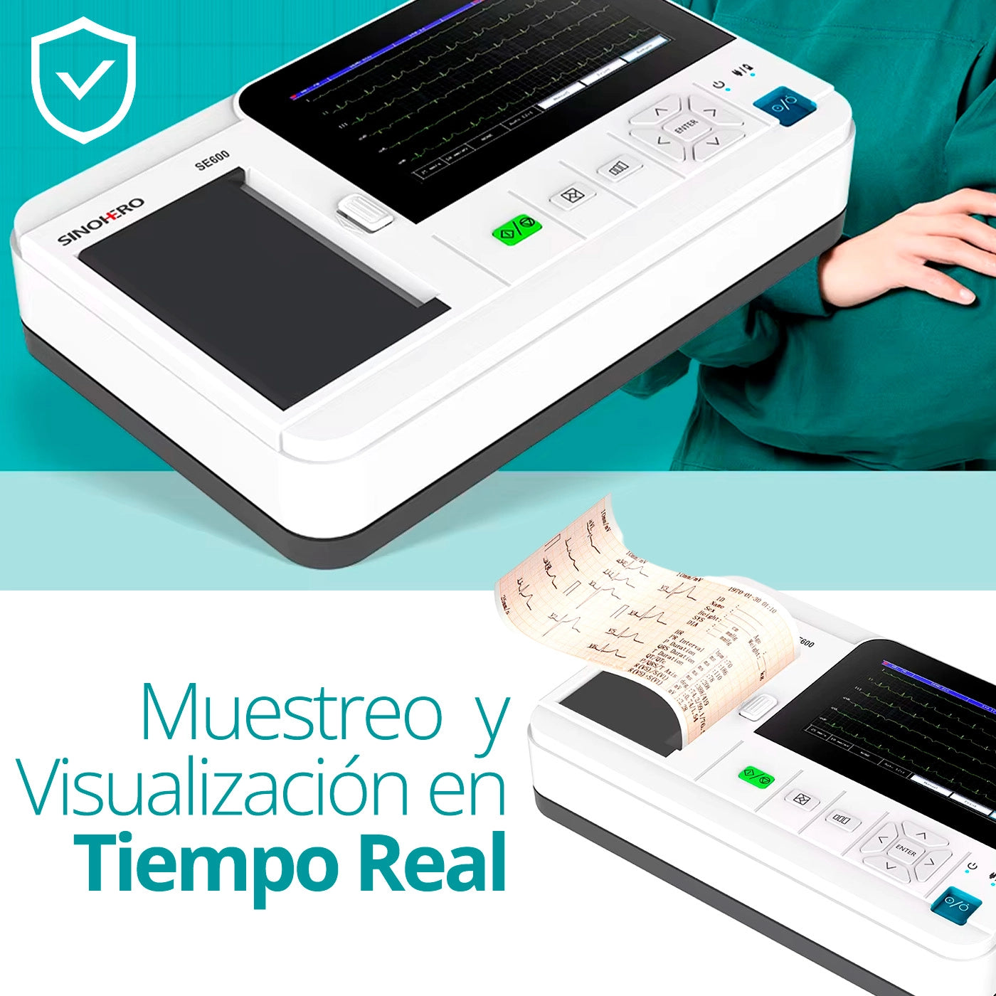 Sinohero ECG600G operando en una clínica - Electrocardiógrafo fiable con materiales resistentes y reducción de interferencias electromagnéticas, ideal para monitoreo a largo plazo.