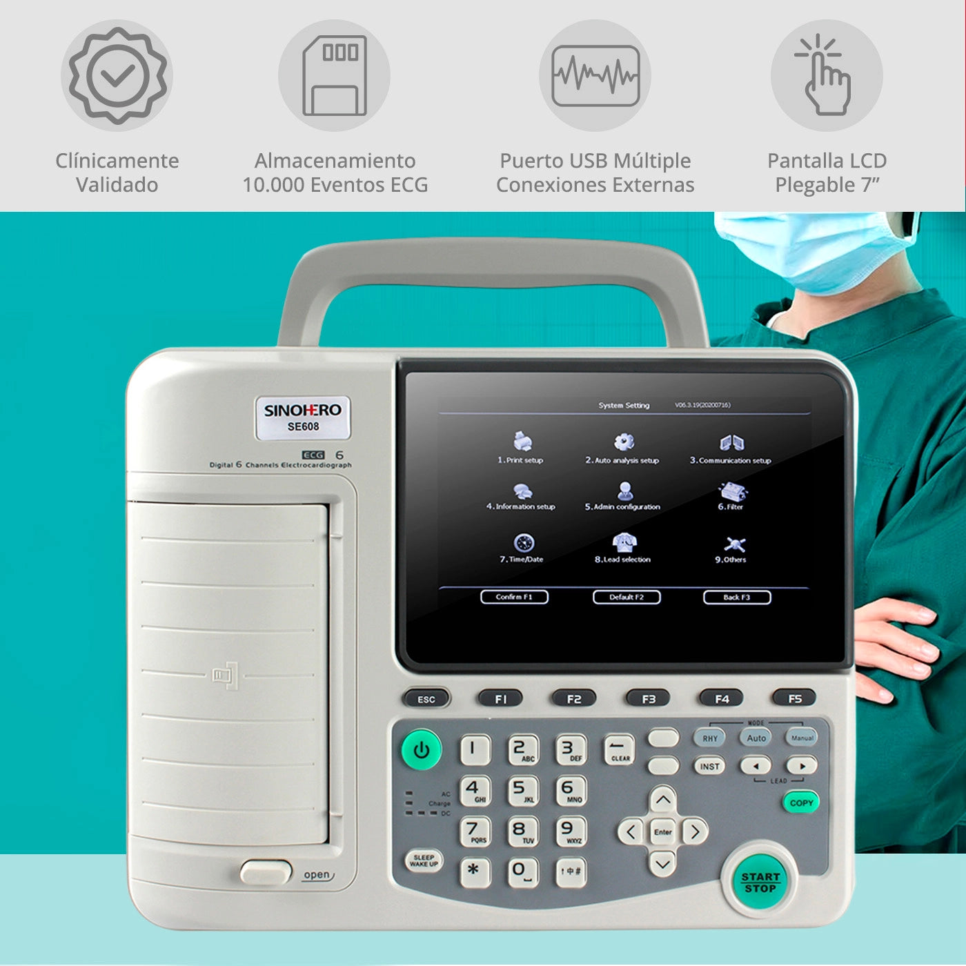 Pantalla TFT en color de 7 pulgadas del electrocardiógrafo Sinohero SE608 Plus con teclado alfanumérico.