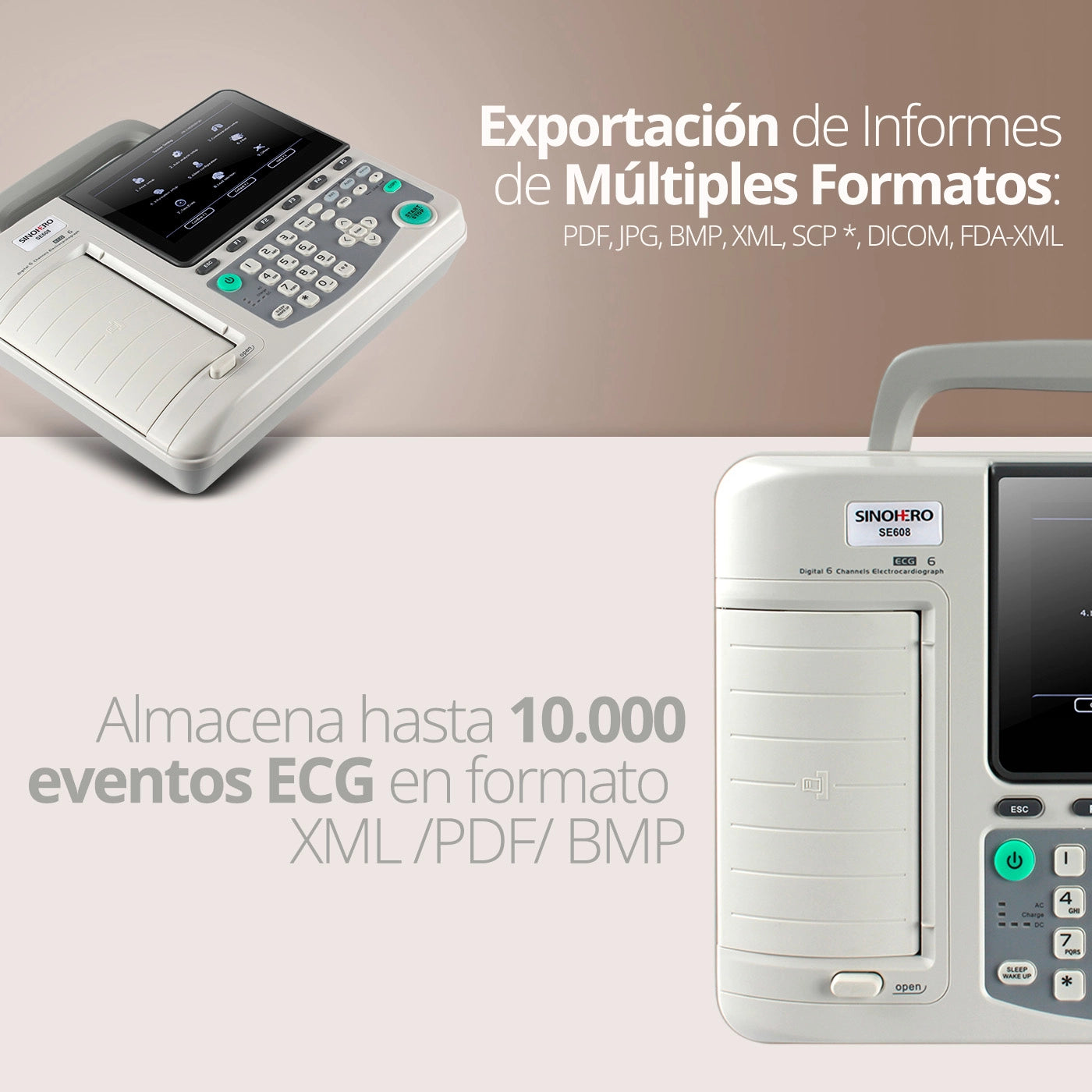 Electrocardiógrafo Sinohero SE608 Plus con tarjeta SD de 4G para almacenamiento.