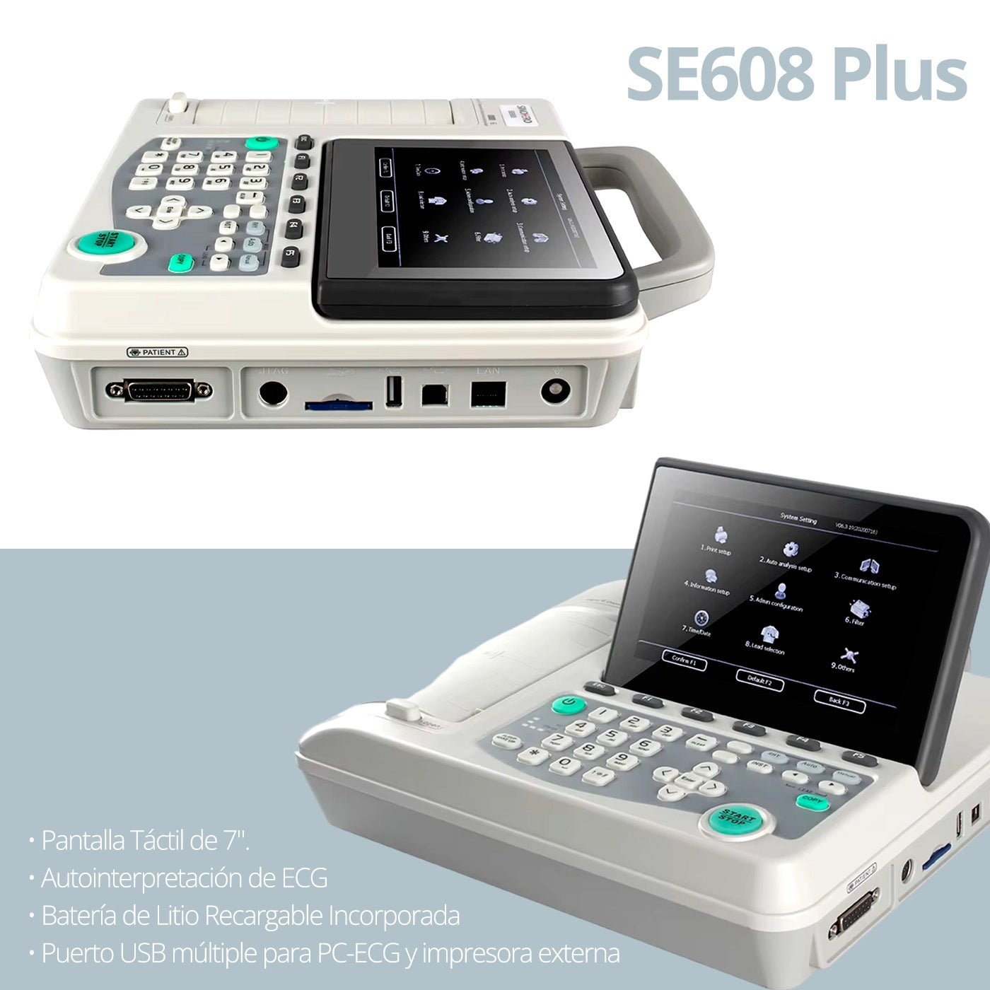 Diseño portátil del electrocardiógrafo Sinohero SE608 Plus con mango ergonómico.