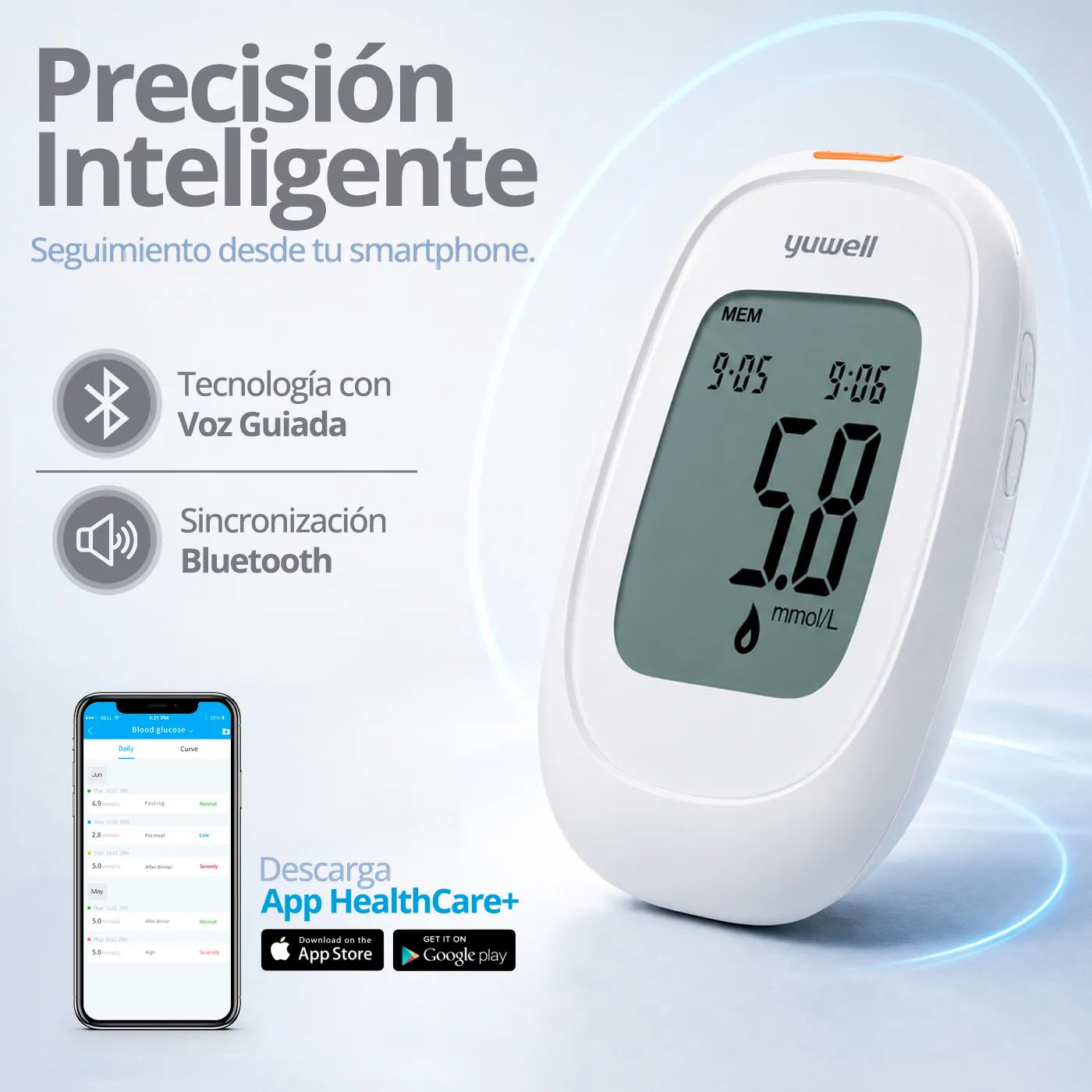 Glucómetro Yuwell 582 Smart + Voz Guiada + Bluetooth + 100 Cintas 100 Lancetas