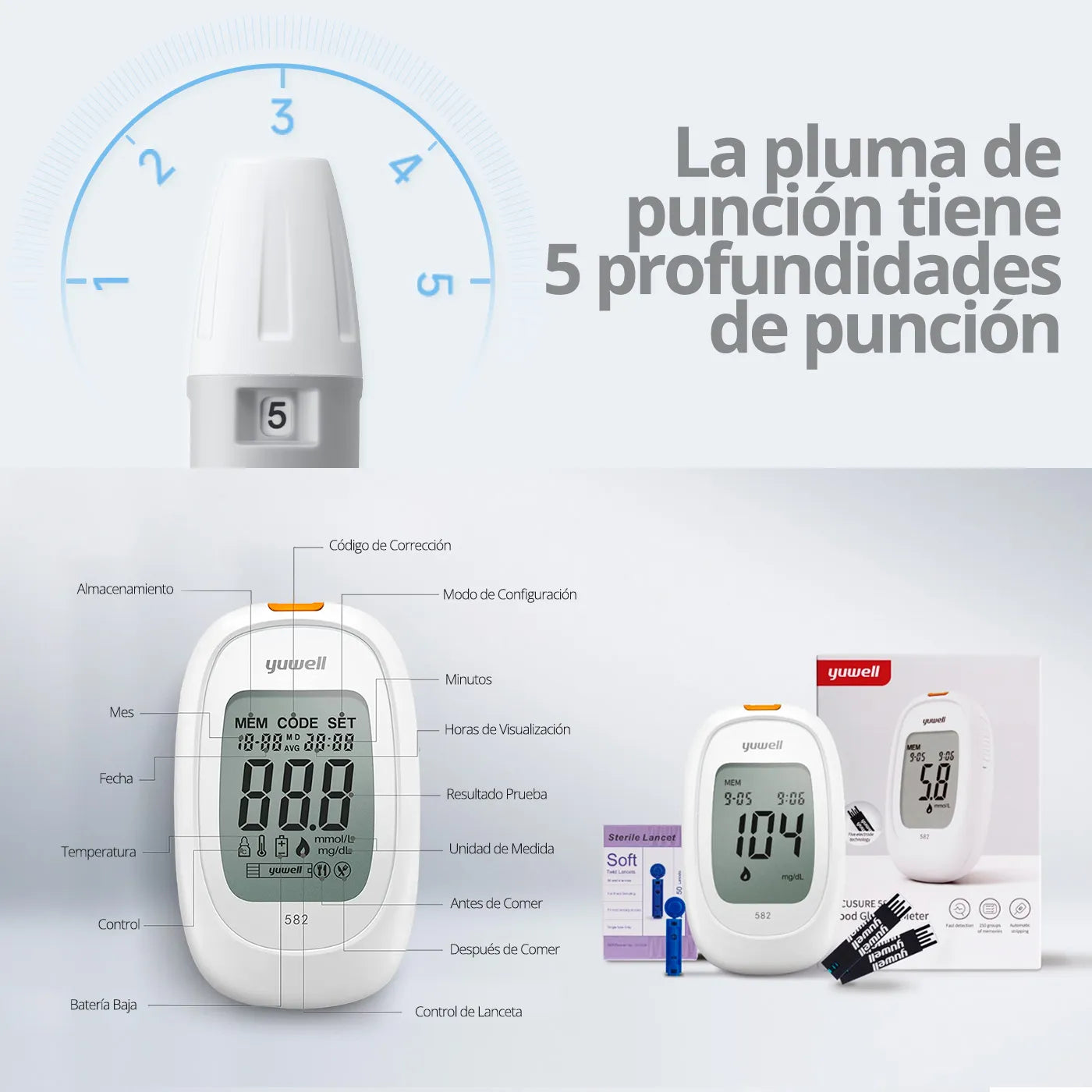 Glucómetro Yuwell 582 Smart + Voz Guiada + Bluetooth + 100 Cintas 100 Lancetas