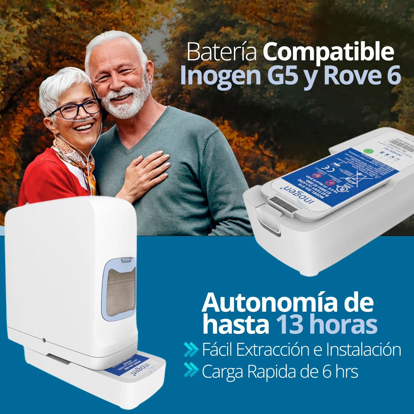 Inogen Rove 6 ligero y compacto. Ideal para usuarios activos. Baterías de larga duración.Venta en Topmedic