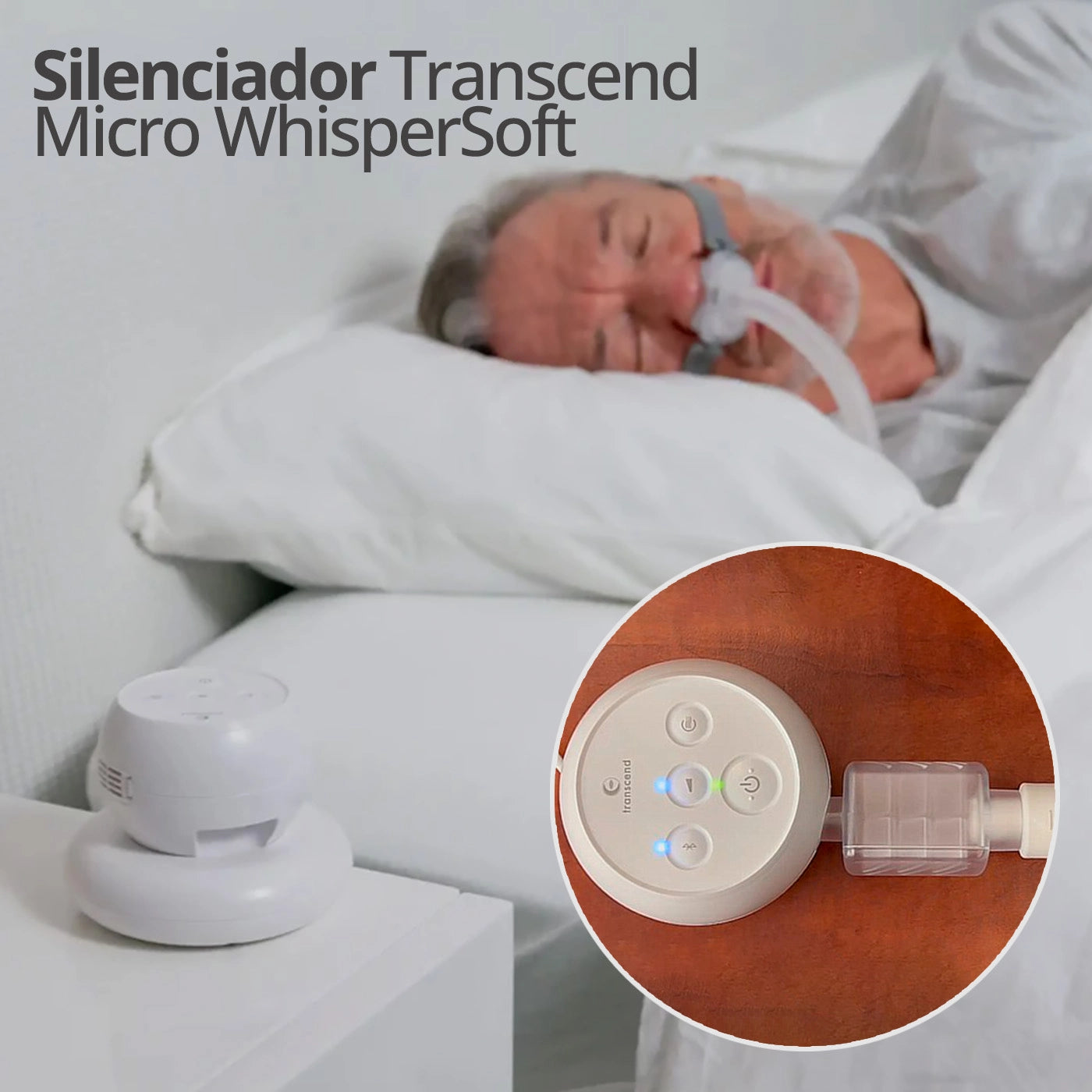 Persona durmiendo plácidamente con el kit de silenciador Transcend Micro WhisperSoft conectado a su CPAP. Se muestra la comodidad y silencio del dispositivo durante el sueño.