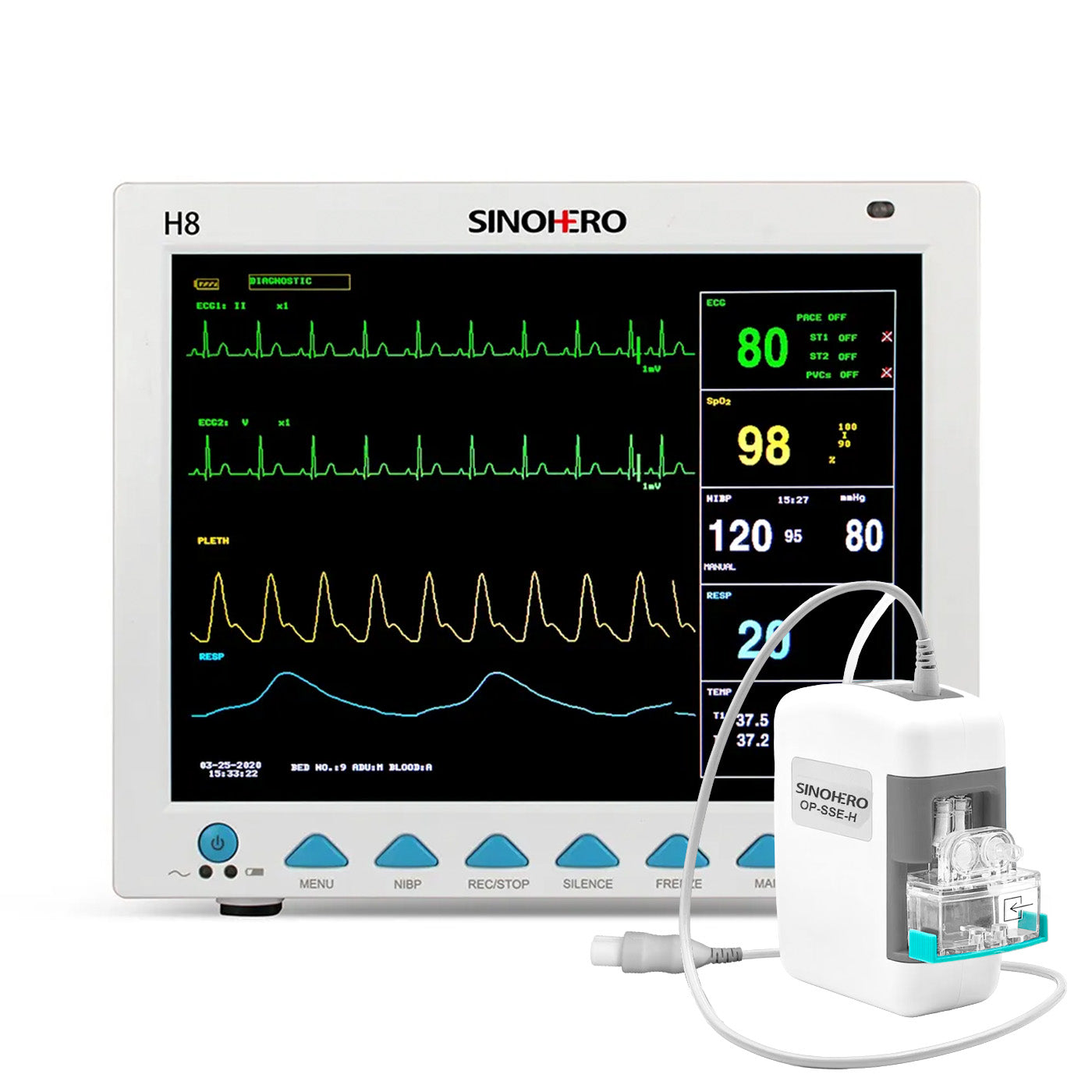 Monitor Multiparámetros Sinohero H8 - ETCO2, ECG, SPO2, FC, NIBP, TEMP, FR y Batería Recargable
