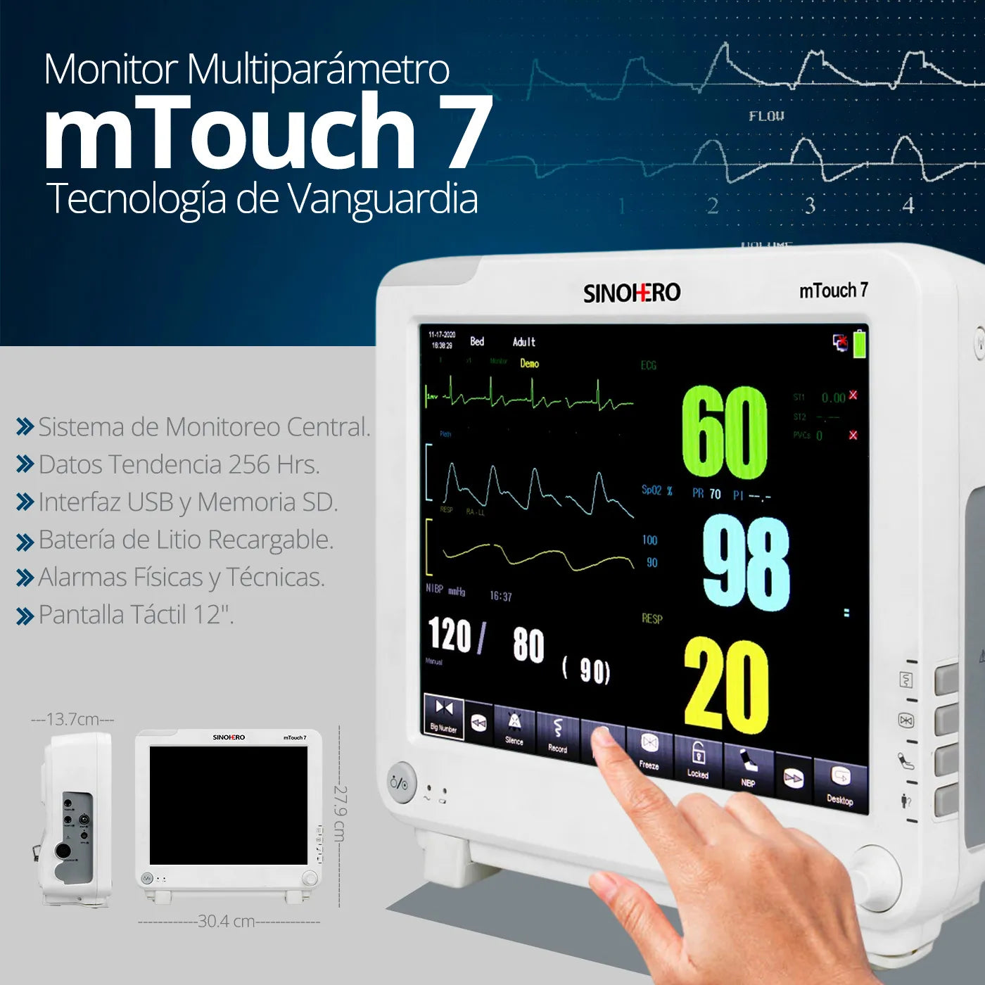 Monitor Multiparámetros Sinohero mTouch 7 - 2IBP, ETCO2, ECG, SPO2, FC, NIBP, TEMP, FR y Batería Recargable