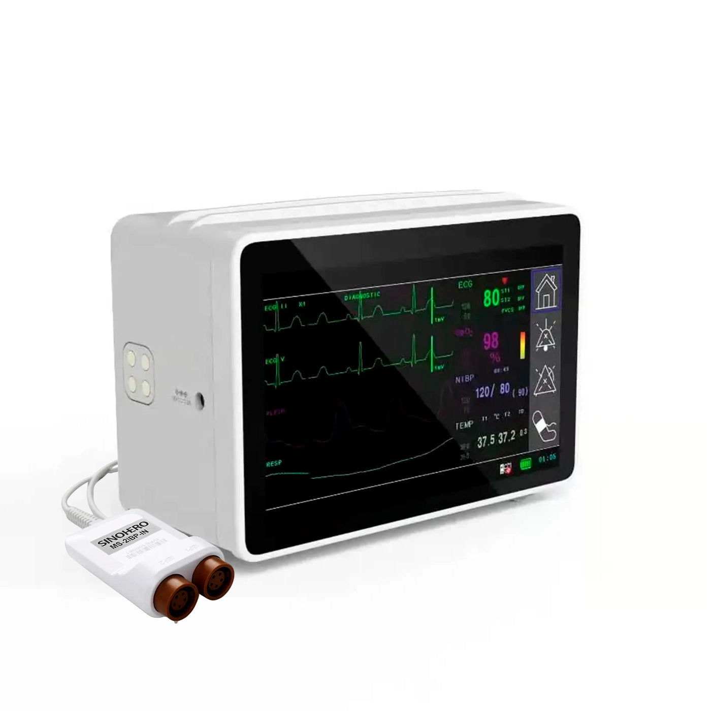 Monitor médico portátil Sinohero PSM1. Monitorea 8 parámetros vitales (ECG, SPO2, FC, NIBP, TEMP, FR, 2 IBP) con alta precisión. Ideal para transporte y cuidados intensivos.