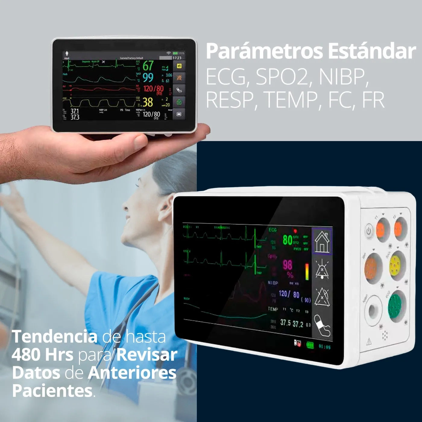 Monitor cardíaco Sinohero PSM1. Detecta arritmias y analiza el segmento ST. Ideal para monitoreo continuo.