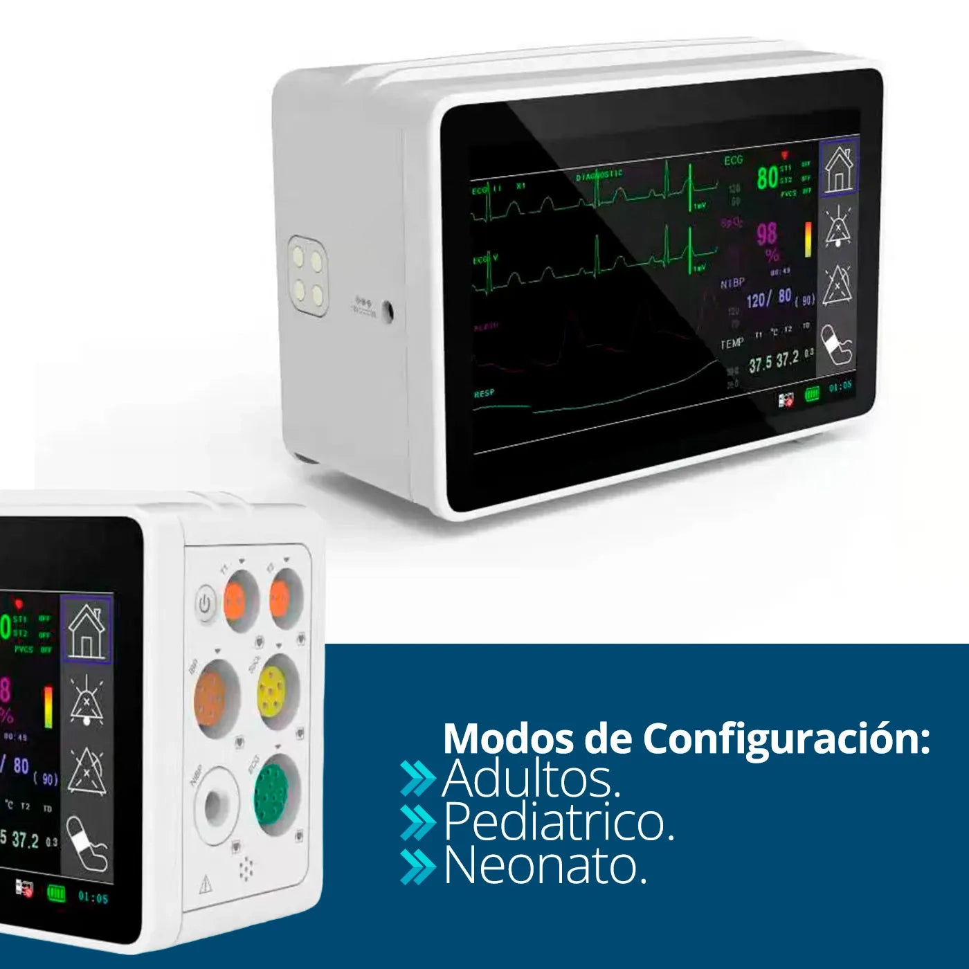 onitor médico con pantalla intuitiva. Sinohero PSM1 ofrece visualización clara de ECG, SPO2, FC, NIBP, TEMP y FR.