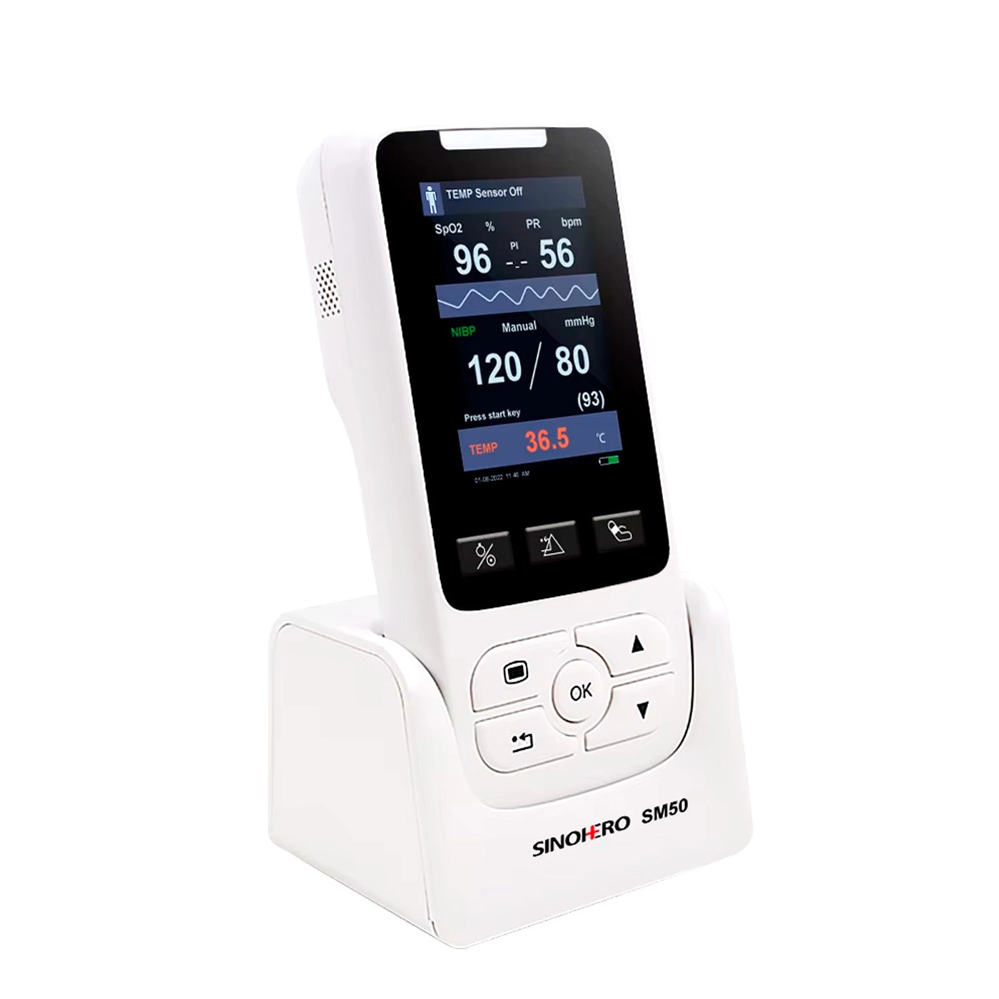 Sinohero SM50: Monitor portátil para medir SPO2, frecuencia cardíaca, presión arterial y temperatura. Batería de larga duración.