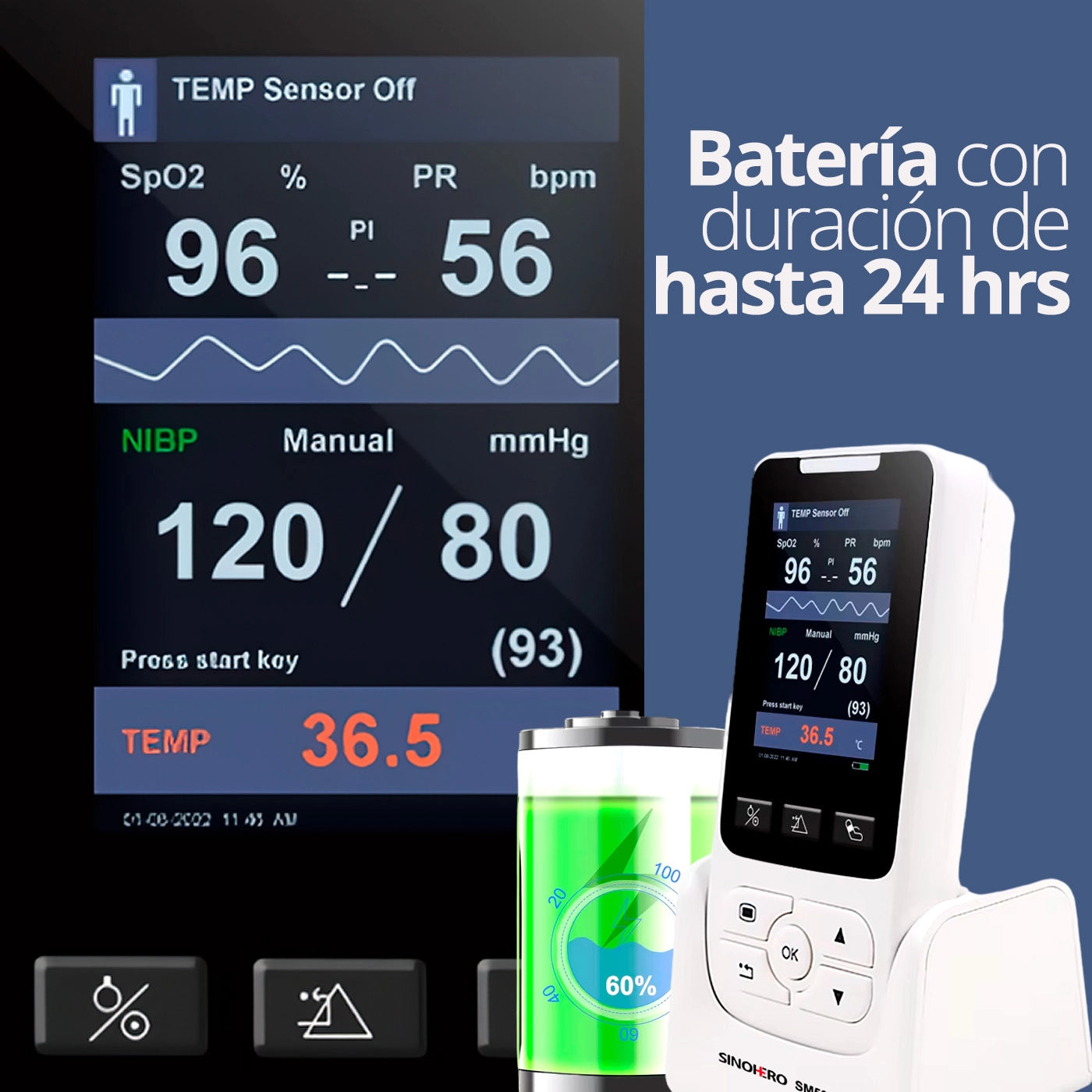 Sinohero SM50: Monitor de signos vitales portátil con batería de litio de larga duración (hasta 24 horas) para un monitoreo continuo.