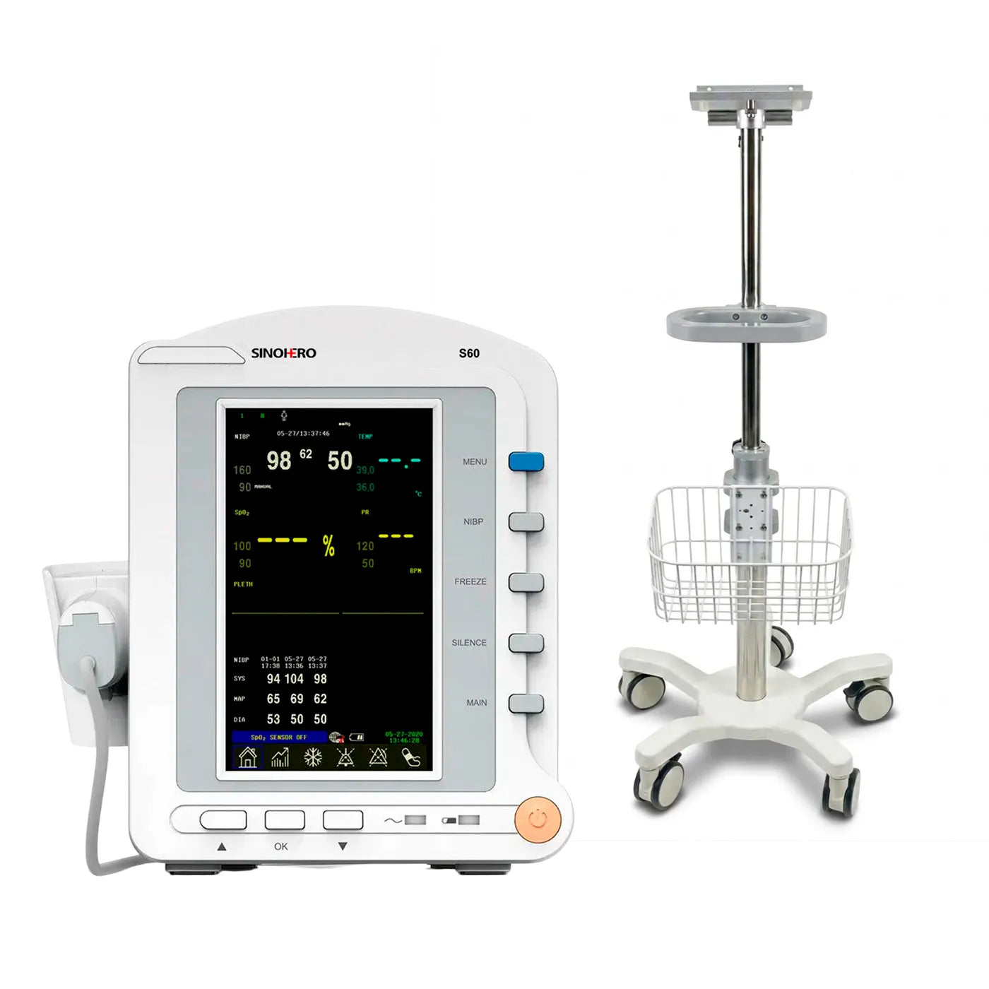Monitor de Signos Vitales Sinohero S60 + SPO2 + Termómetro Infrarrojo + Carro 1 Canasta