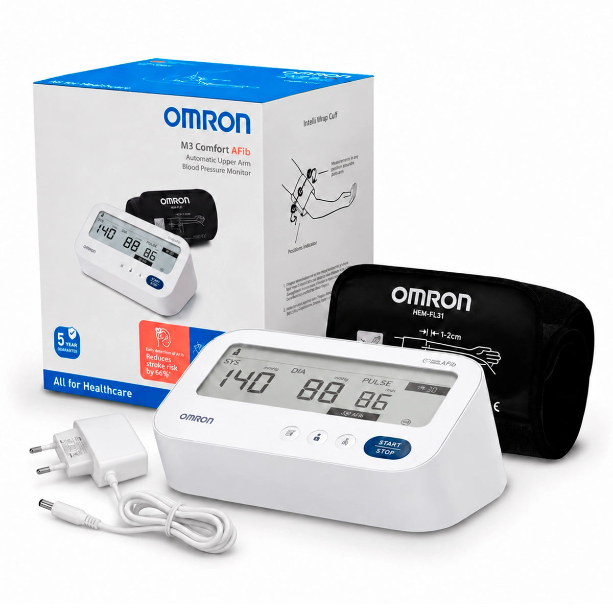 Tensiómetro Omron 7196 M3 Comfort AFib + Adaptador Eléctrico