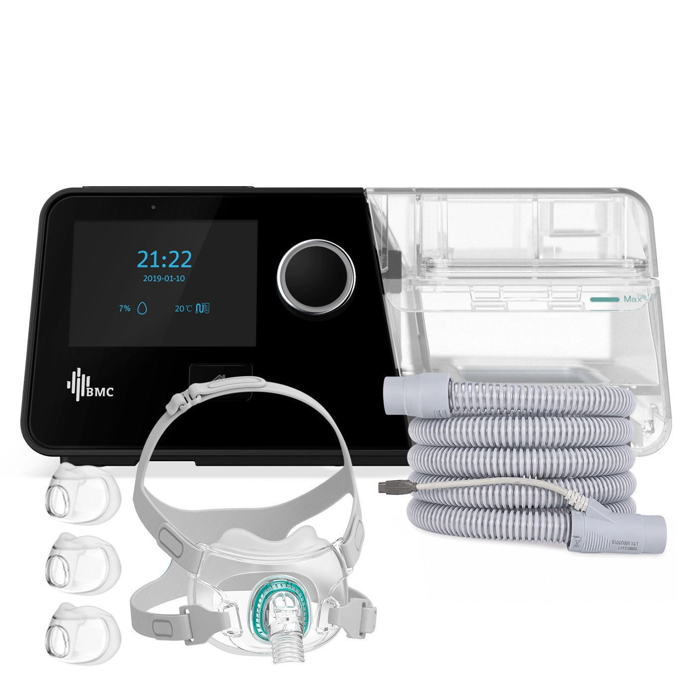 Auto CPAP BMC G3 A20 con máscara premium oronasal 3 tallas y tubo calefaccionado para tratamiento de apnea del sueño
