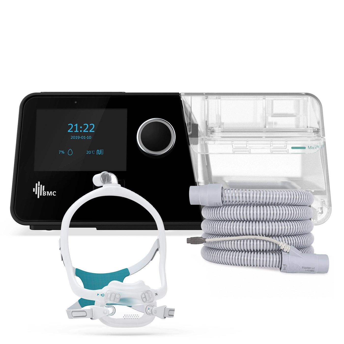 Auto CPAP BMC G3 A20 con máscara premium oronasal y tubo calefaccionado para tratamiento de apnea del sueño
