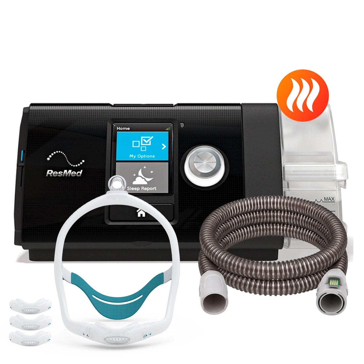 AutoCPAP ResMed AirSense 10 con máscara premium BMC N6S de 3 tallas y tubo calefaccionado