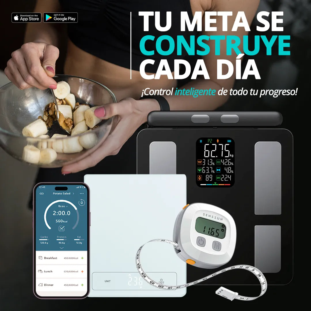 Balanza y cinta métrica inteligente Senssun para seguimiento de medidas corporales y progreso diario.