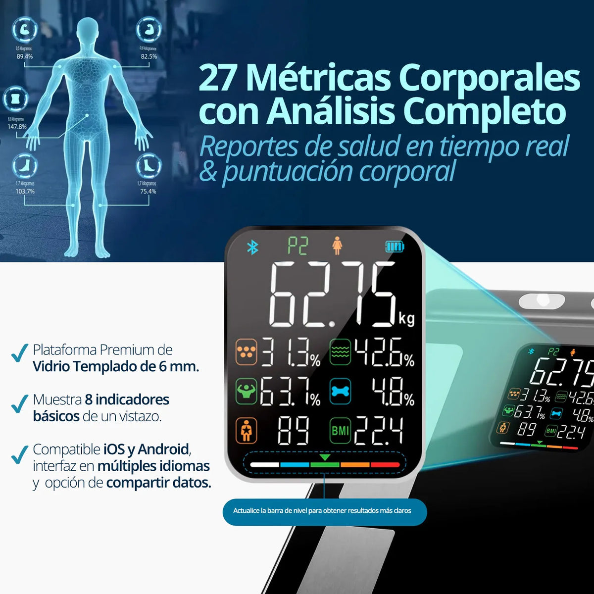 Balanza inteligente Senssun para análisis y seguimiento de métricas de composición corporal.