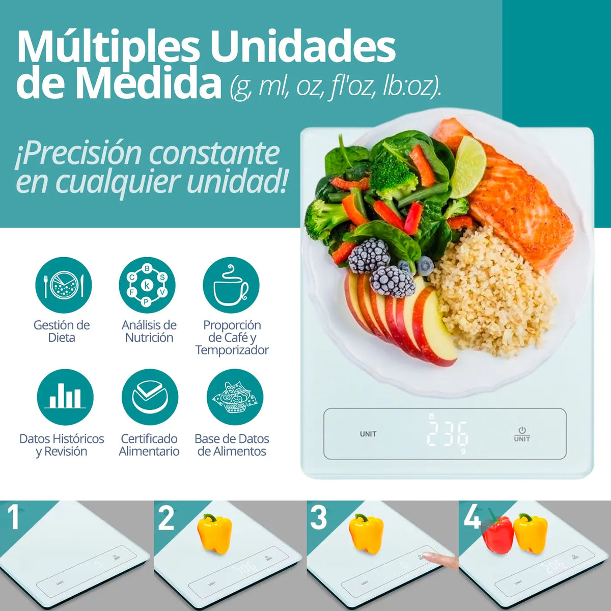 Báscula de alimentos con Bluetooth y aplicación móvil para consultar información nutricional