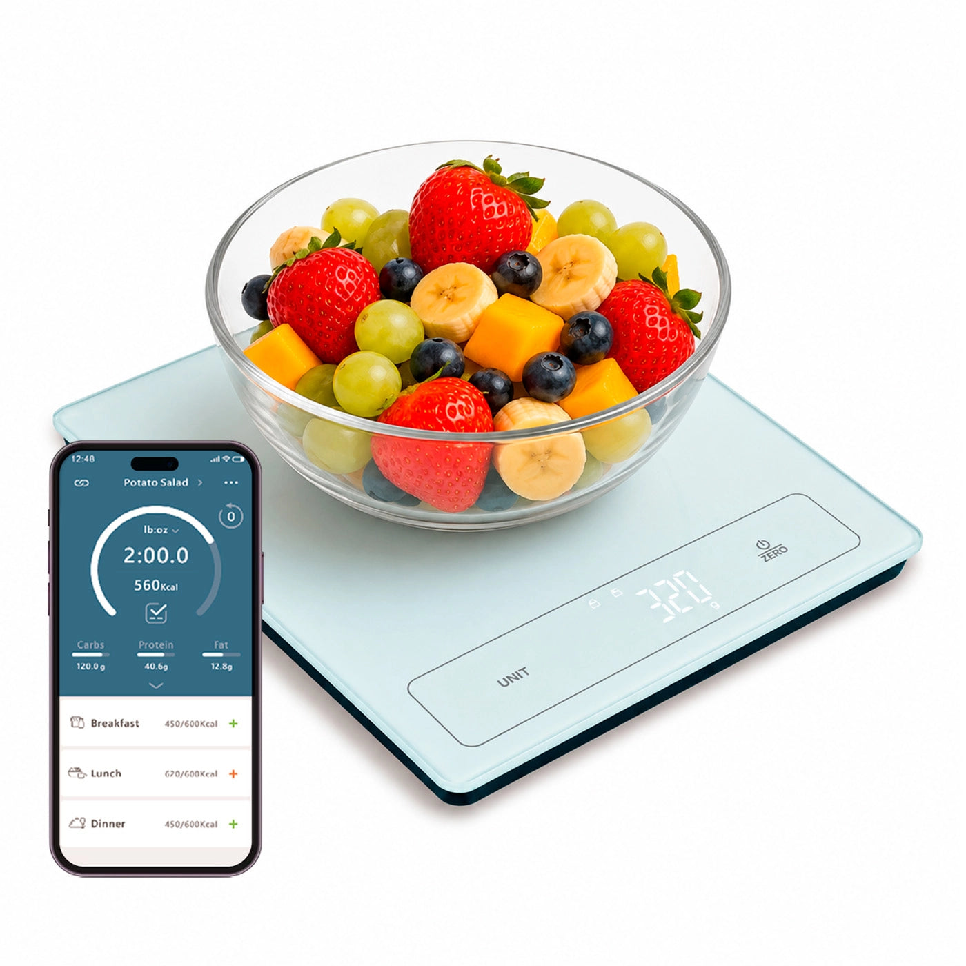 Báscula de alimentos inteligente con conexión a aplicación móvil para control nutricional