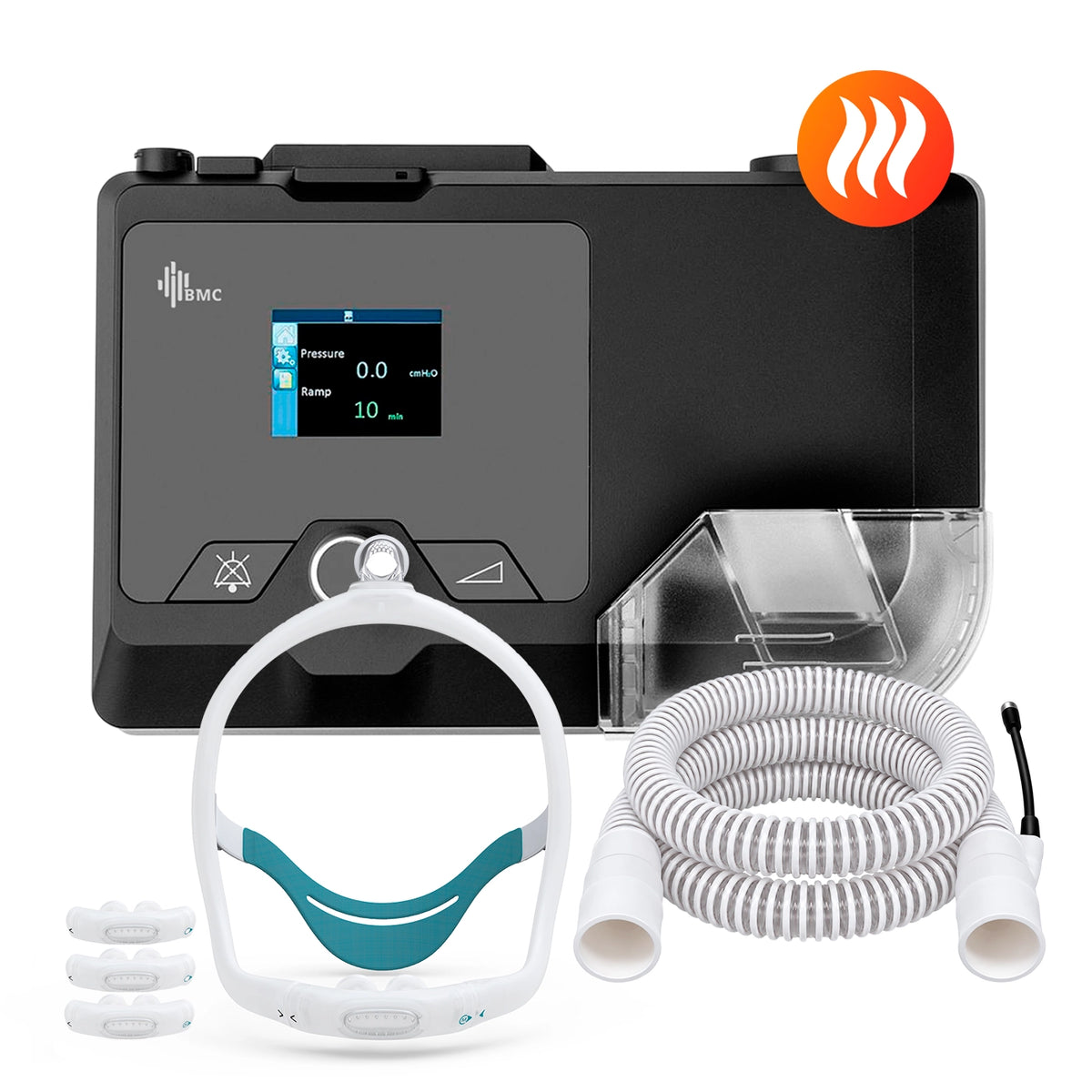 CPAP BMC G2S C20 con máscara nasal pillows P6S en 3 tallas y tubo calefaccionado