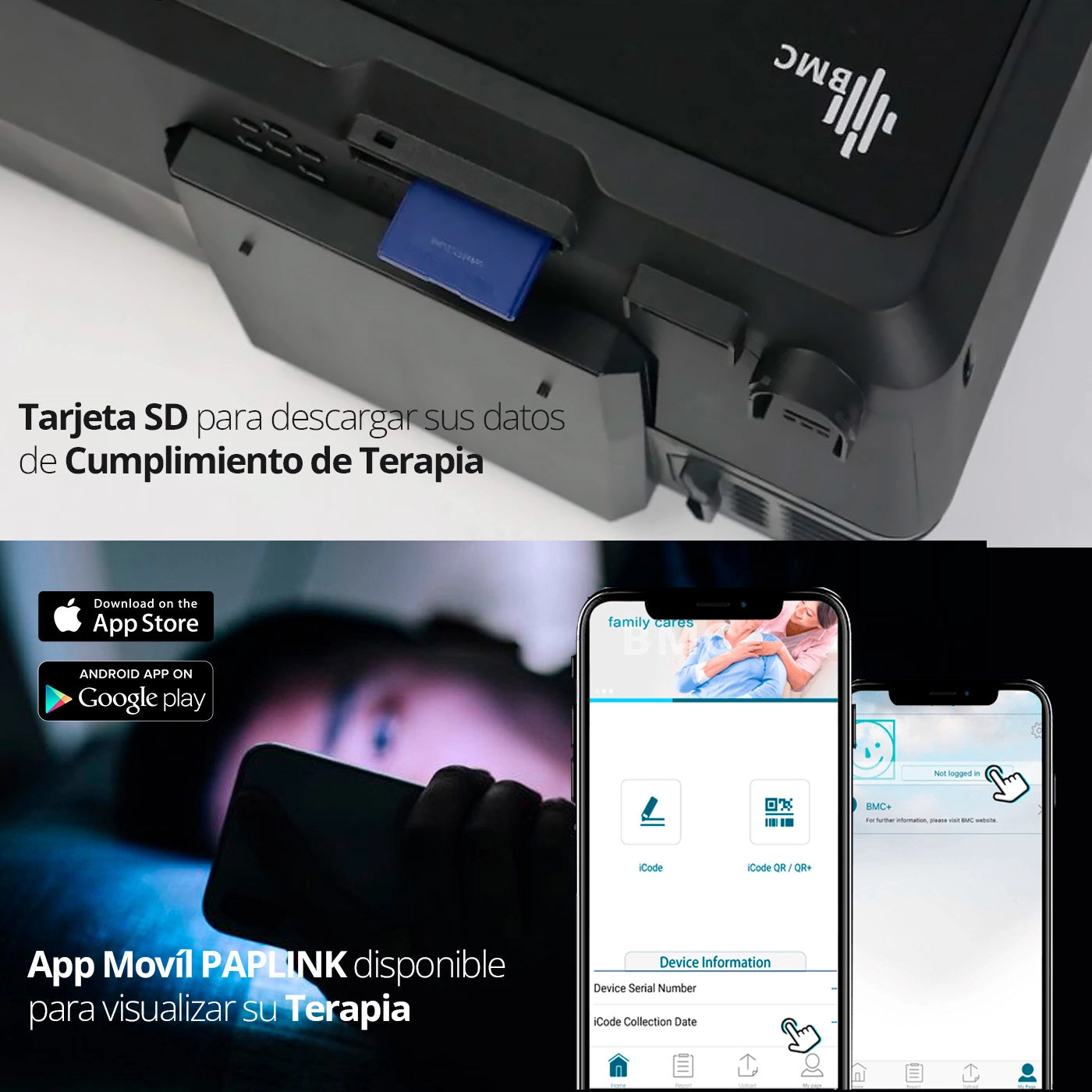 CPAP BMC G2S C20 con almacenamiento de datos mediante tarjeta SD y acceso a información de la terapia desde la aplicación