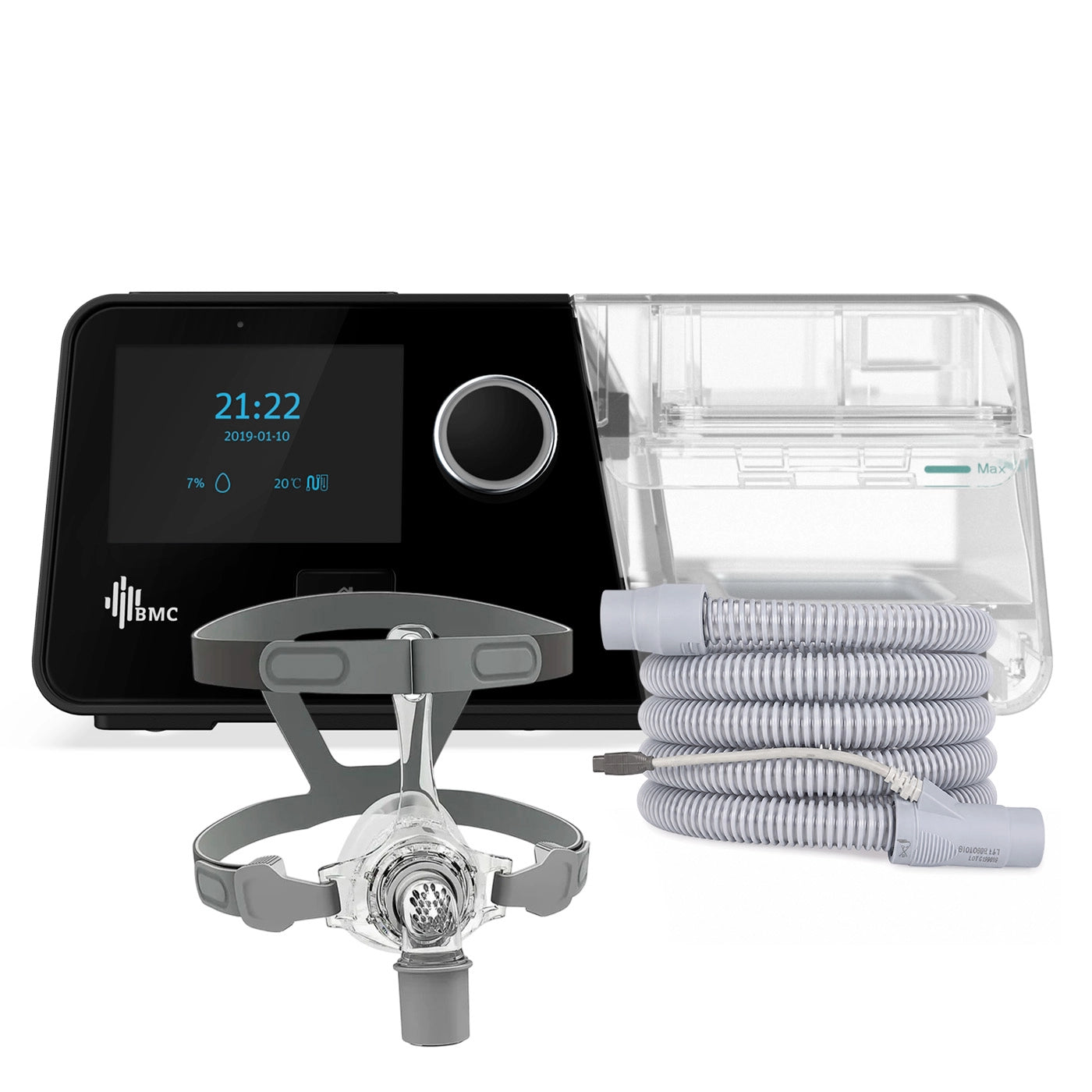 Equipo CPAP BMC G3 A20 acompañado de máscara nasal para terapia domiciliaria