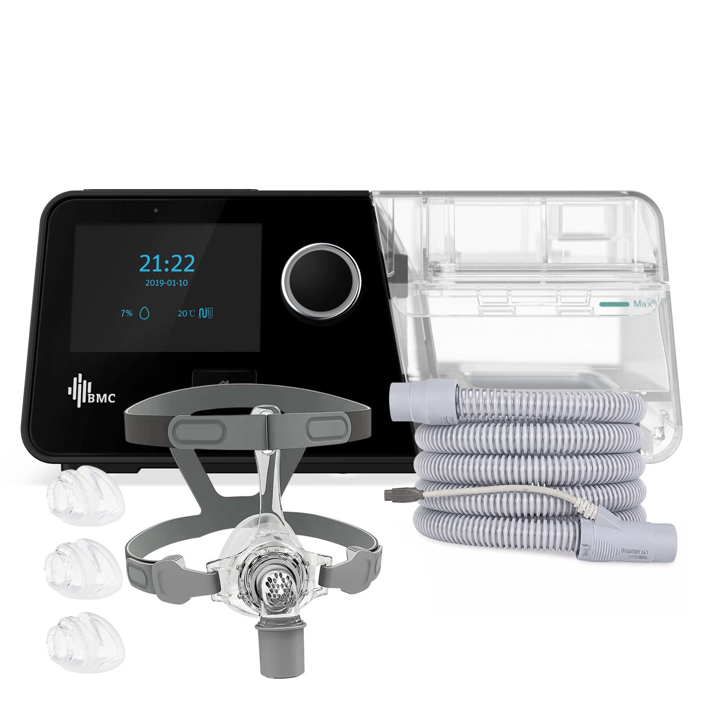 CPAP BMC G3 A20 con máscara nasal y tubo calefaccionado para terapia de apnea del sueño