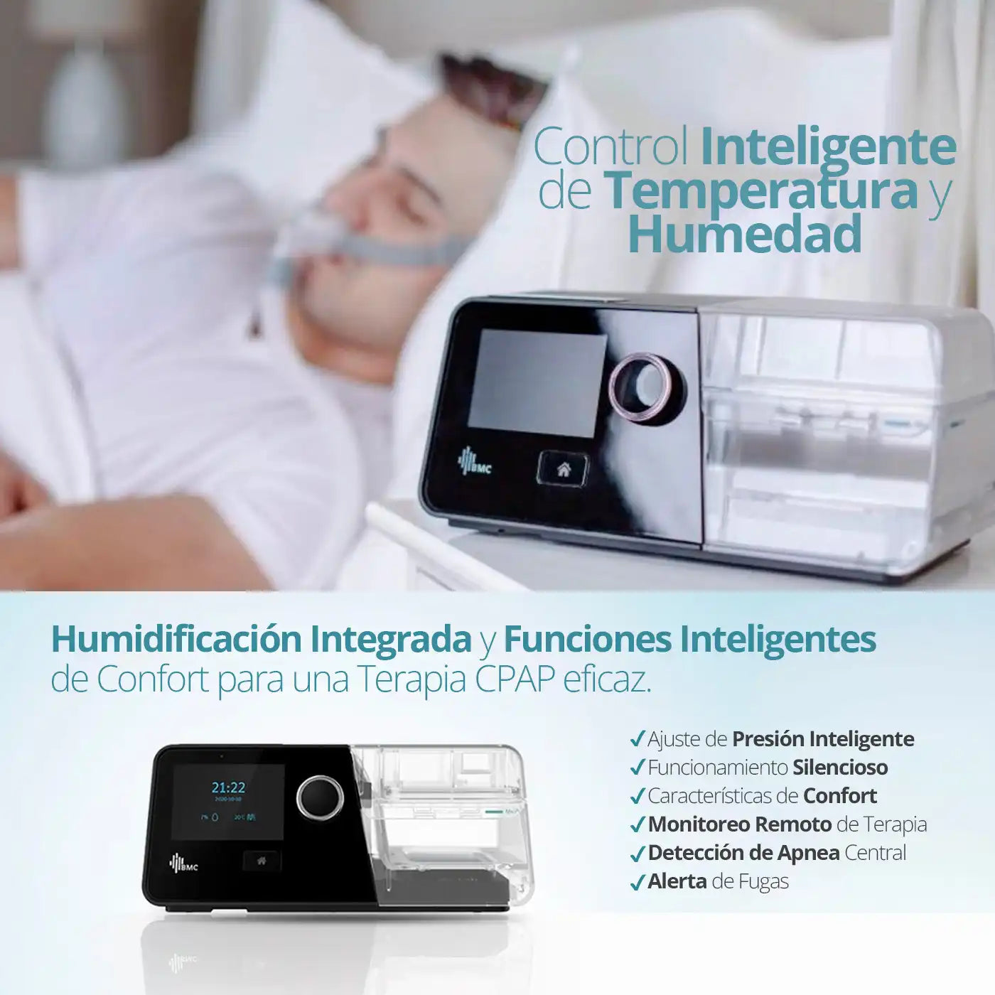 Paciente utilizando CPAP BMC G3 A20 para tratamiento de apnea del sueño