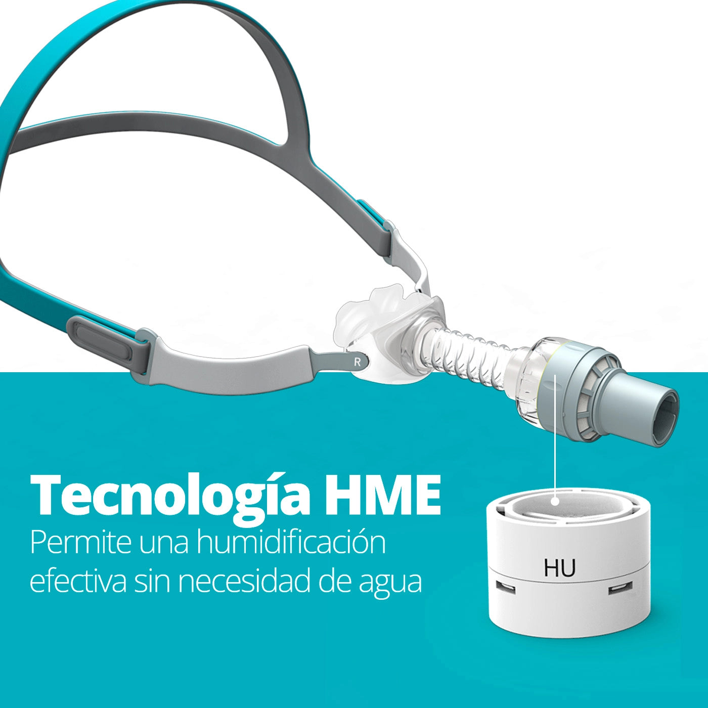 Infografía técnica del filtro HU Plus para máscara nasal P2H BMC con explicación de la tecnología HME y su funcionamiento.