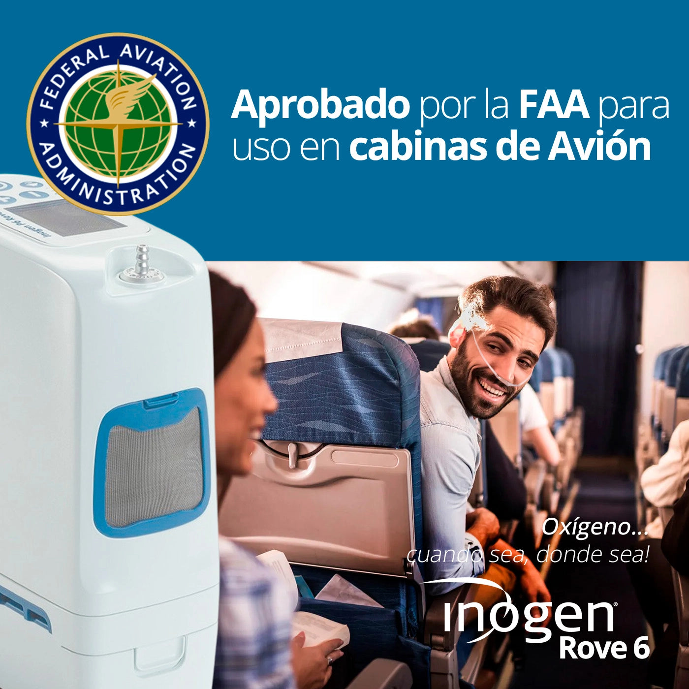 Concentrador de oxígeno Inogen Rove 6 aprobado por la FAA y FDA para uso en viajes en avión