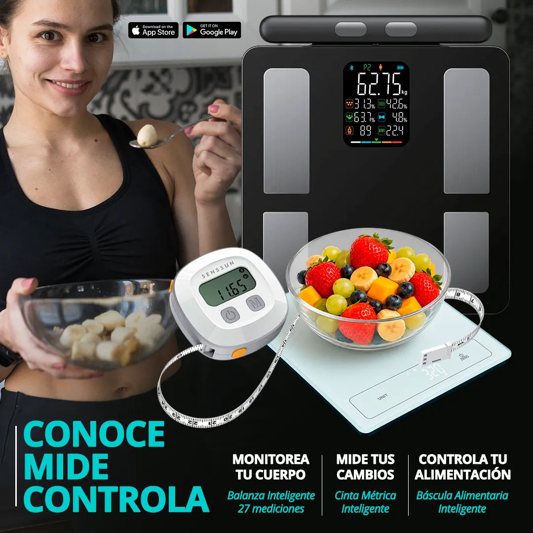 Kit Senssun con balanza inteligente, cinta métrica y báscula nutricional para control corporal y alimentación.